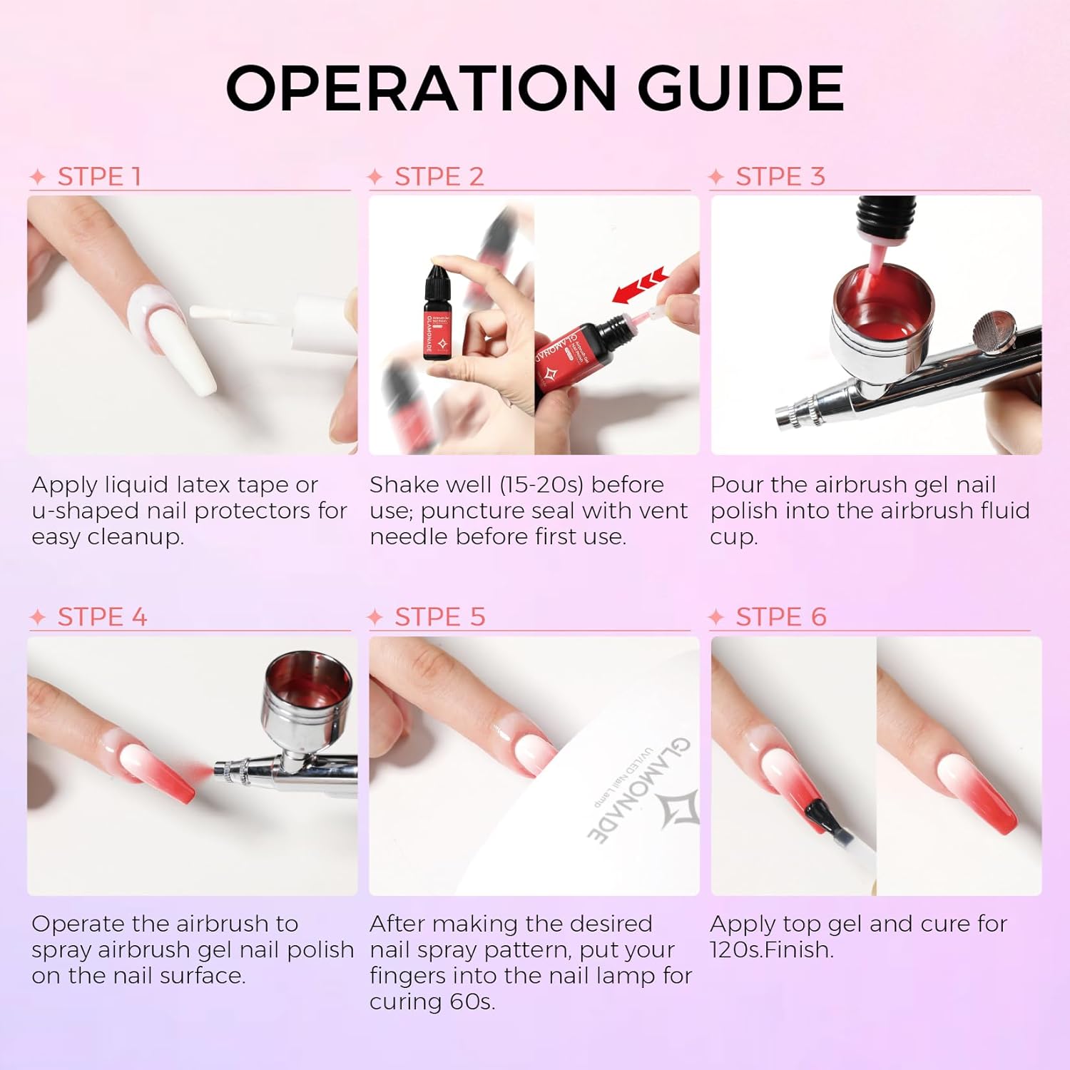 Glamonade Airbrush Gel Nail Polish: 30 Colors Set Airbrush Nail Paint Kit for Nails No Dilution No Clogging Smooth Spray High Pigment Ombre French Nail Art Beginner DIY