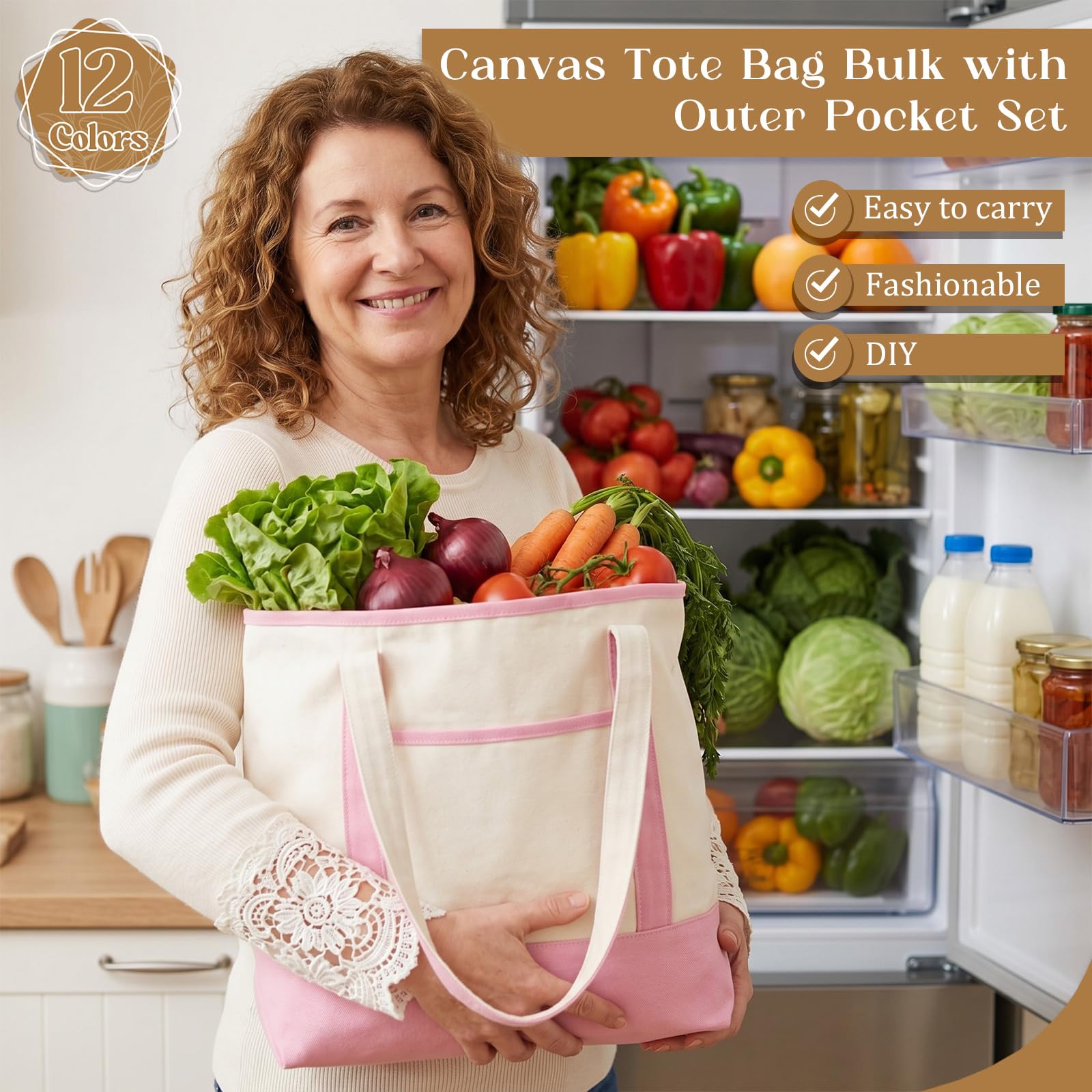 Sanwuta Canvas-Tragetaschen mit Außentasche und Make-up-Tasche, 45,7 cm, wiederverwendbare Einkaufstaschen mit Griffen, für Damen, Strand, DIY