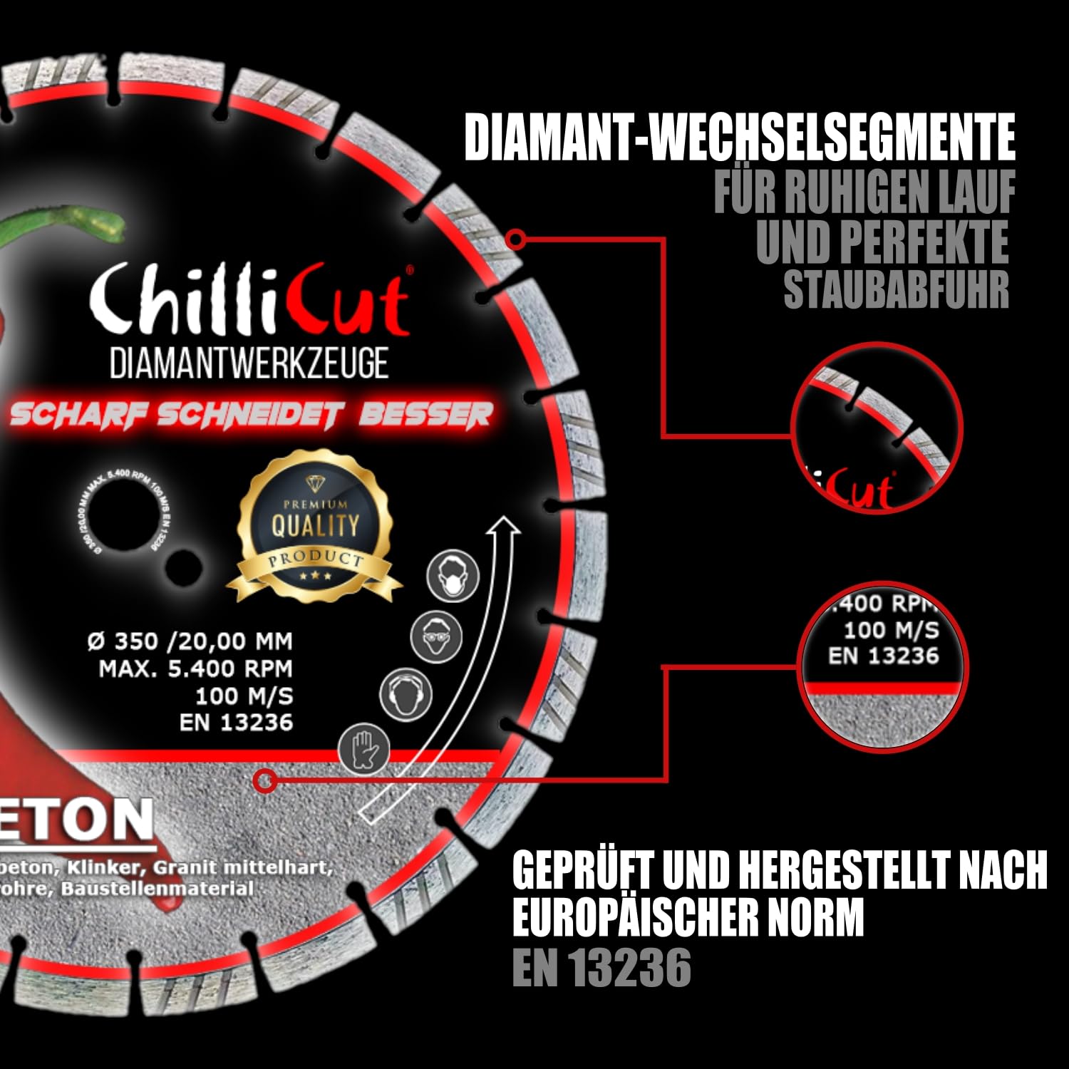 ChilliCut Diamanttrennscheibe CHILLI ROXX 5er Set Ø 125 mm | Profi-Diamantscheiben für Beton, Stahlbeton, Granit & Klinker | Turbo-Wechselsegmente | EN 13236
