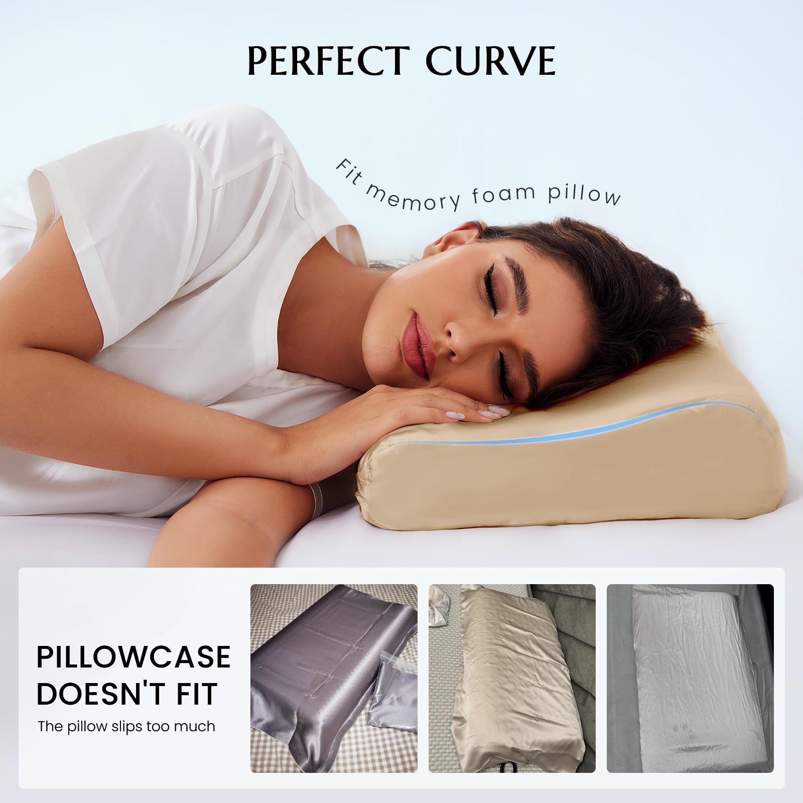 THXSILK 19 Momme 100% Mulberry Silk Pillowcase for Contour Memory Foam Pillow, Contour Pillow Case Cover, Cervical Pillow Case, Pack of 1(Champagne, 20"x12"x3.9"/2.7")