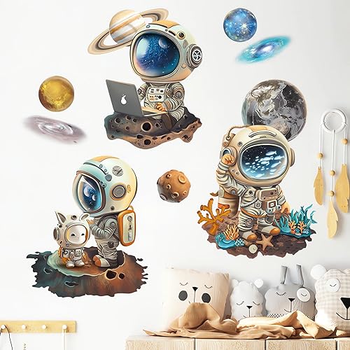 Calcomanías de pared de astronauta espacial de dibujos animados, sacinora Cosmic Galaxy DIY, calcomanías de pared extraíbles de vinilo para niños,