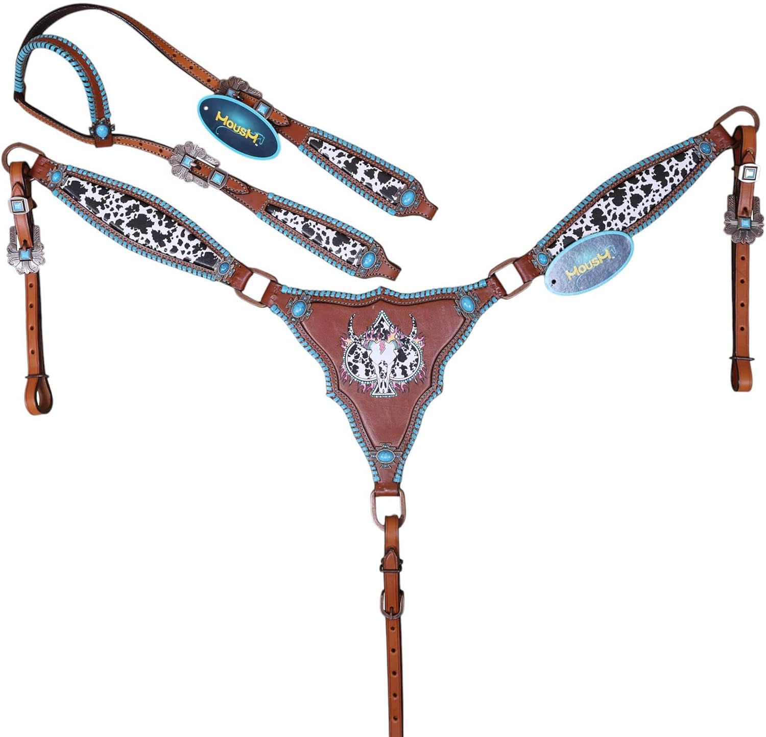 Western Headstall and Breast Collar Tack Set for Horses Brown and Turquoise Cowhide Print with Turquoise Hardware Spade and Steer Head Design Full Horse Barrel Racing Gladiator Style