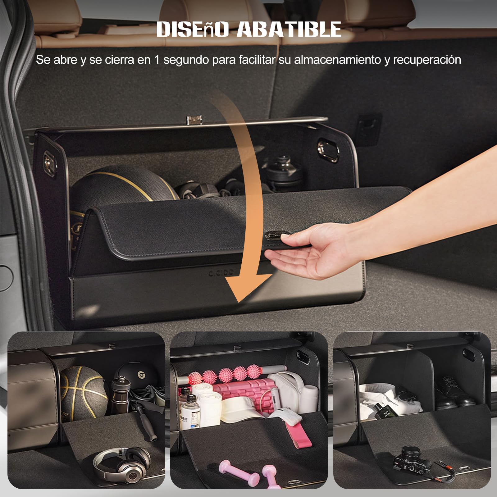 Ergocar Organizador de Maletero de Coche, Plegable Cuero de PU Organizador de Coche para Almacenamiento, Organizador de Maletero con Tapa, Base Antideslizante, Apertura de 180°, para Coches y SUV
