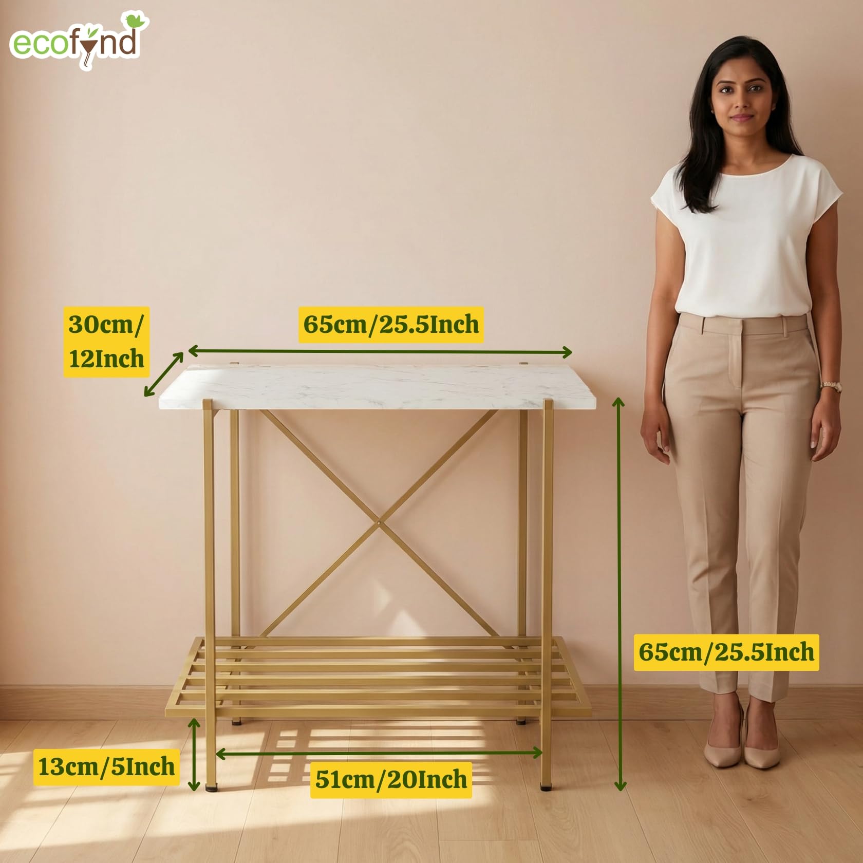 ecofynd 26 Inch 2 Tier Console Table, Metal with Engineered Wooden top for Long Narrow Hallway, Entryway, Living Room, Dining Room, Office, Home Side Table Storage Shelves (WHTGO, CT005)