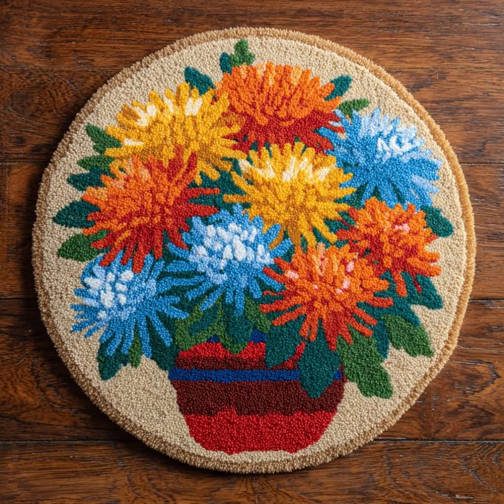kitphoenix Round DIY Latch Hook Rug Kits Chrysanthemum 20X20Inch (50X50Cm) Easy for Beginners Round Carpet Crochet Yarn Craft Large Rug Hook and Latch Tapestry for Home Decor