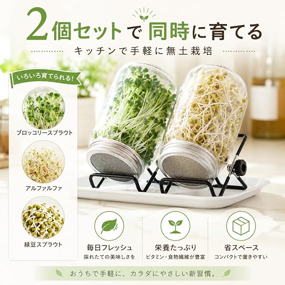 スプラウト栽培キット 水耕栽培キット 2個セット ガラス瓶 メッシュ蓋 ステンレススタンド付き 家庭用 発芽栽培 ブロッコリースプラウト アルファルファ 緑豆対応 無土壌栽培 ドリップトレイ付き 室内園芸 キッチン栽培 食洗機対応 家庭菜園用 500ml70#,ボトル2本 + スタンド2個 + トレイ1個