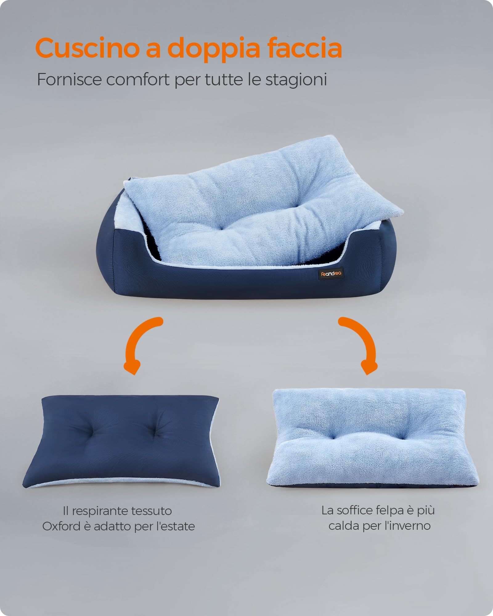 Feandrea Cuccia per Cani, Letto Divano per Animali Domestico, Tappeto Rimovibile e Reversibile, Bordi Rialzati, Fondo Antiscivolo, Taglia L, 85 x 65 x 21 cm, Blu Carbone e Blu Pallido PGW004Q01