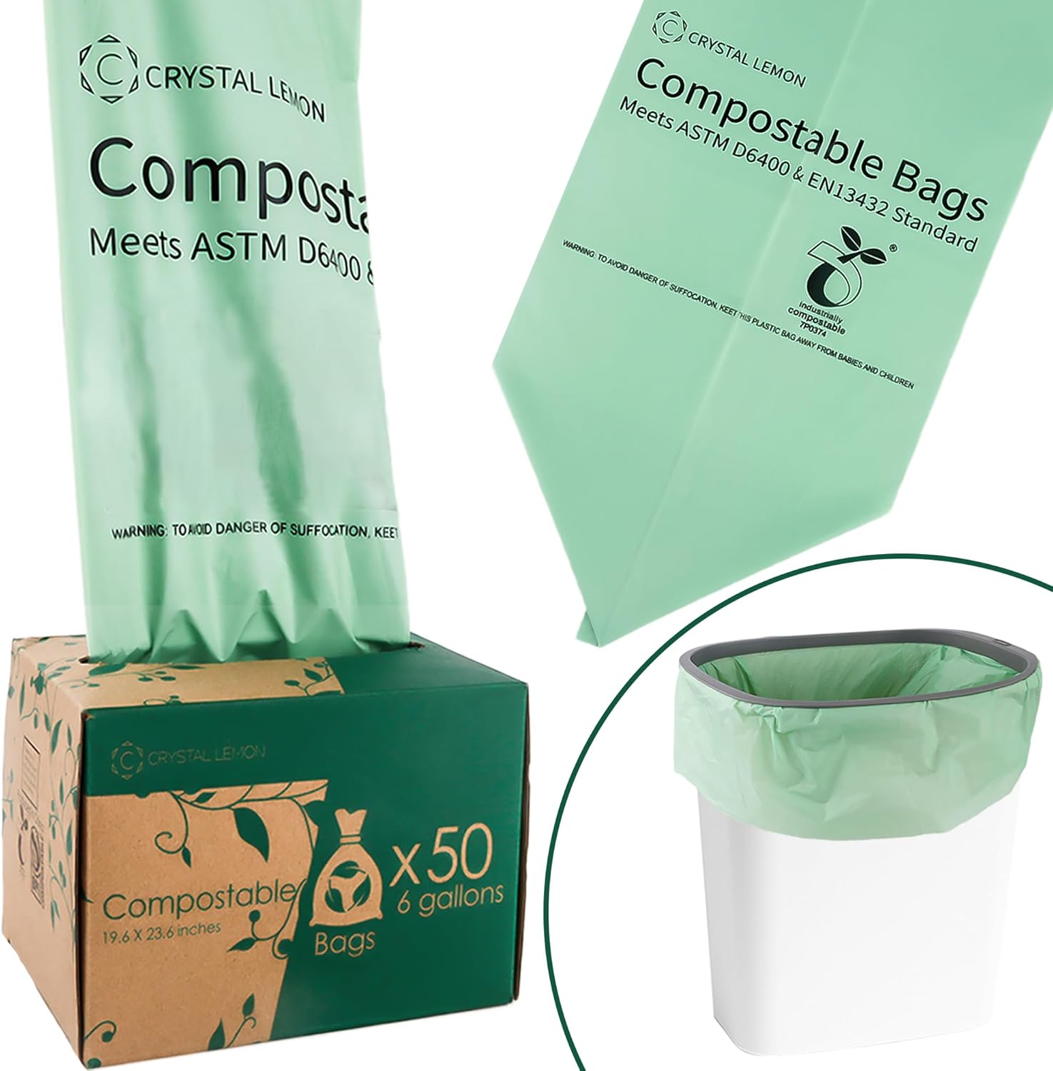 C Crystal Lemon 50 Count Biodegradable Kitchen Food Waste Bags – 6 Gallon Scraps Bags – Heavy Duty Compostable Waste Bags for Kitchen – Unscented Trash Bags 6 Gallon for Yard, Food
