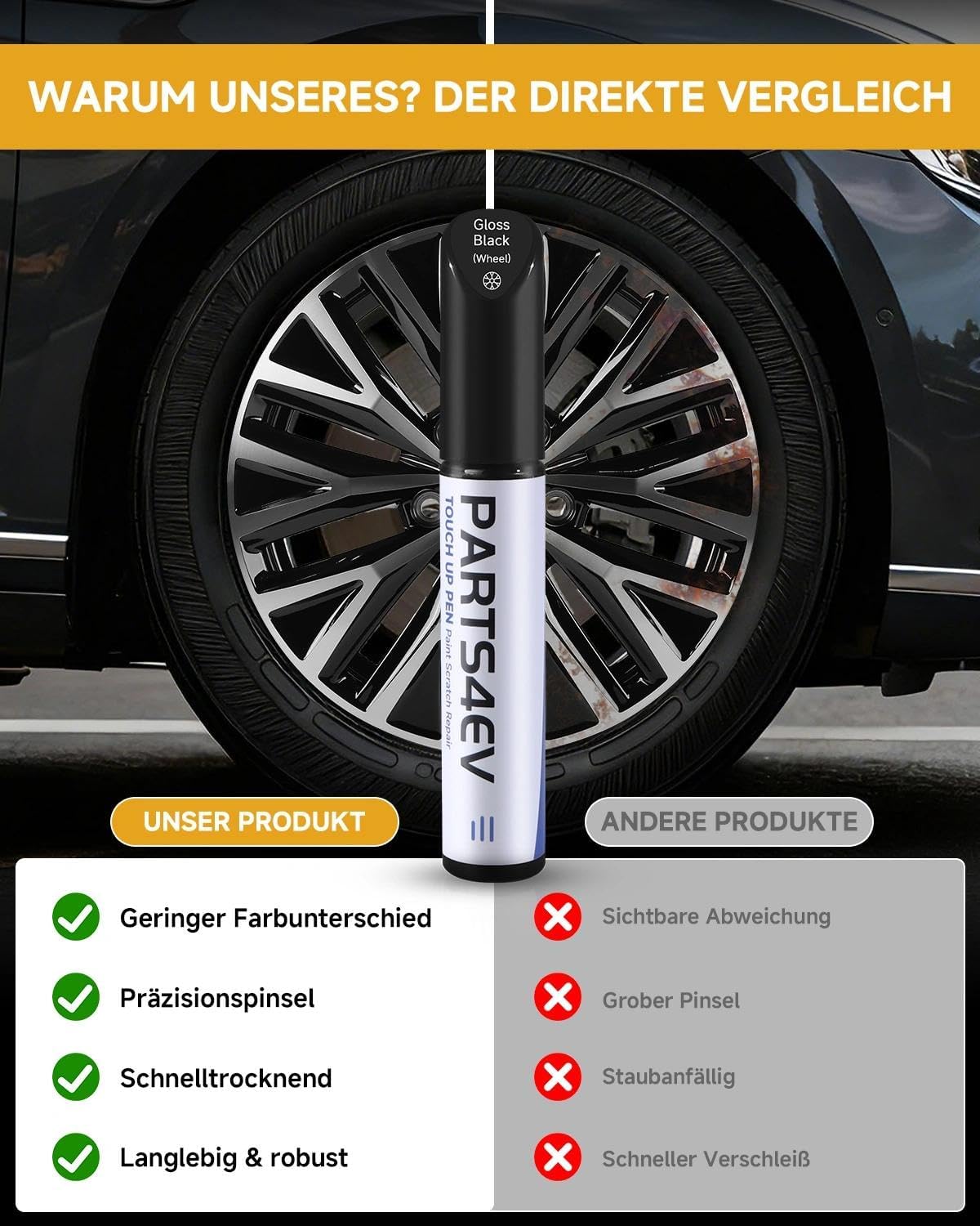 Rotulador de reparación de llantas en negro brillante – para llantas VW / Volkswagen con superficie giratoria de diamante negro – Cubierta de color exacto, resistente a la abrasión y resistente al - 5