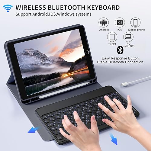 Miniatura 84 de aoub Funda para iPad de 9ª/8ª/7ª generación de 10.2 pulgadas, funda de teclado Bluetooth inalámbrica desmontable, funda trasera de TPU suave