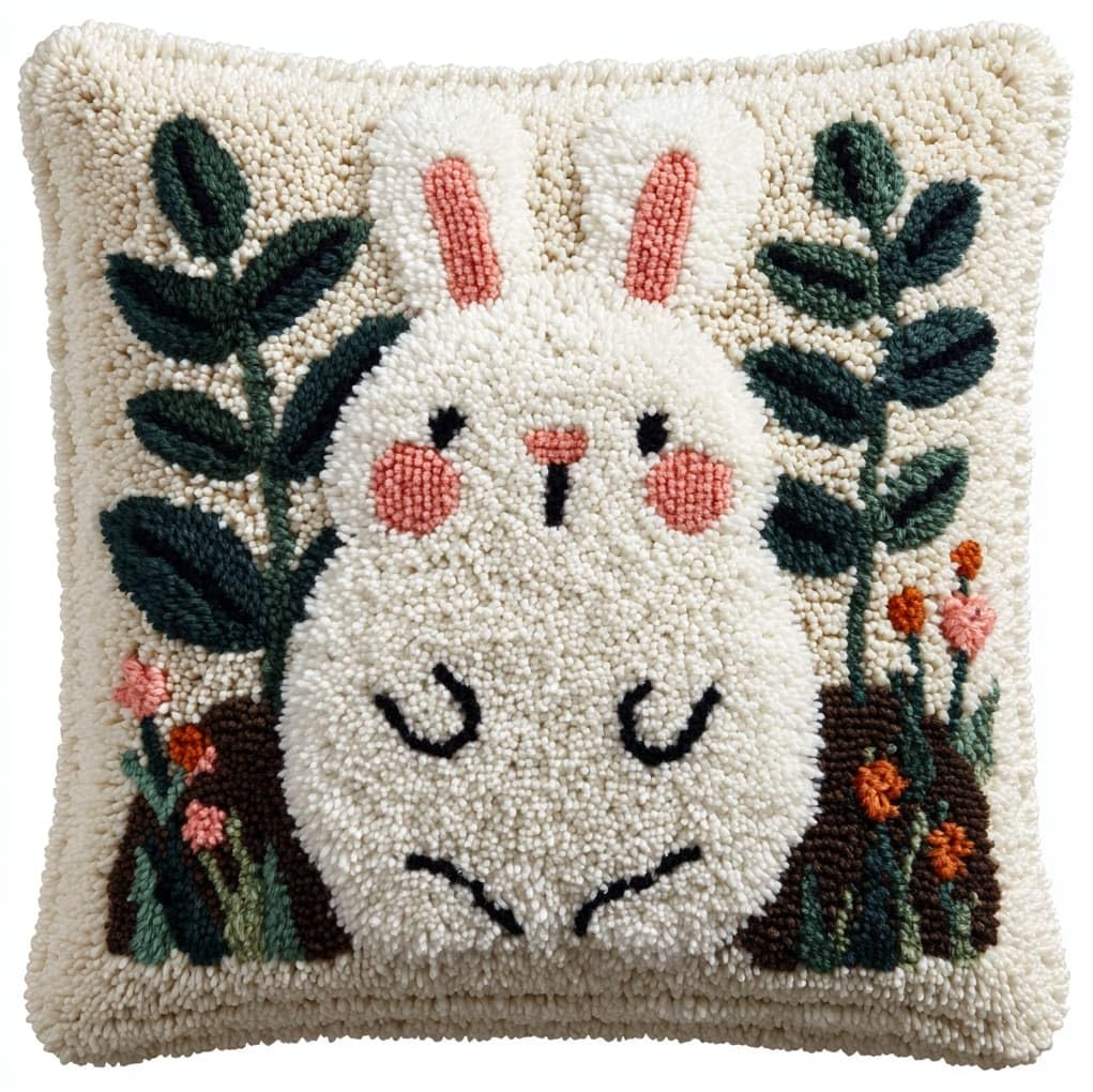 WallustrioaW Latch Hook Kits Pillow for Adults,A Cheerful Rabbit,Pre-Printed Patterns Pillowcase Needlework Crochet Yarns Latch Hooking Cushion for Sofa Decor,17x17in