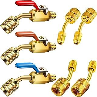 7 Pieces Air Conditioning Refrigerant Angled Compact Ball Valve 1/4 Inch SAE for R410A R134A R12 R22 AC HVAC and R410A Adapter 5/16 Inch SAE Female to 1/4 Inch SAE Male Flare for Mini Split System