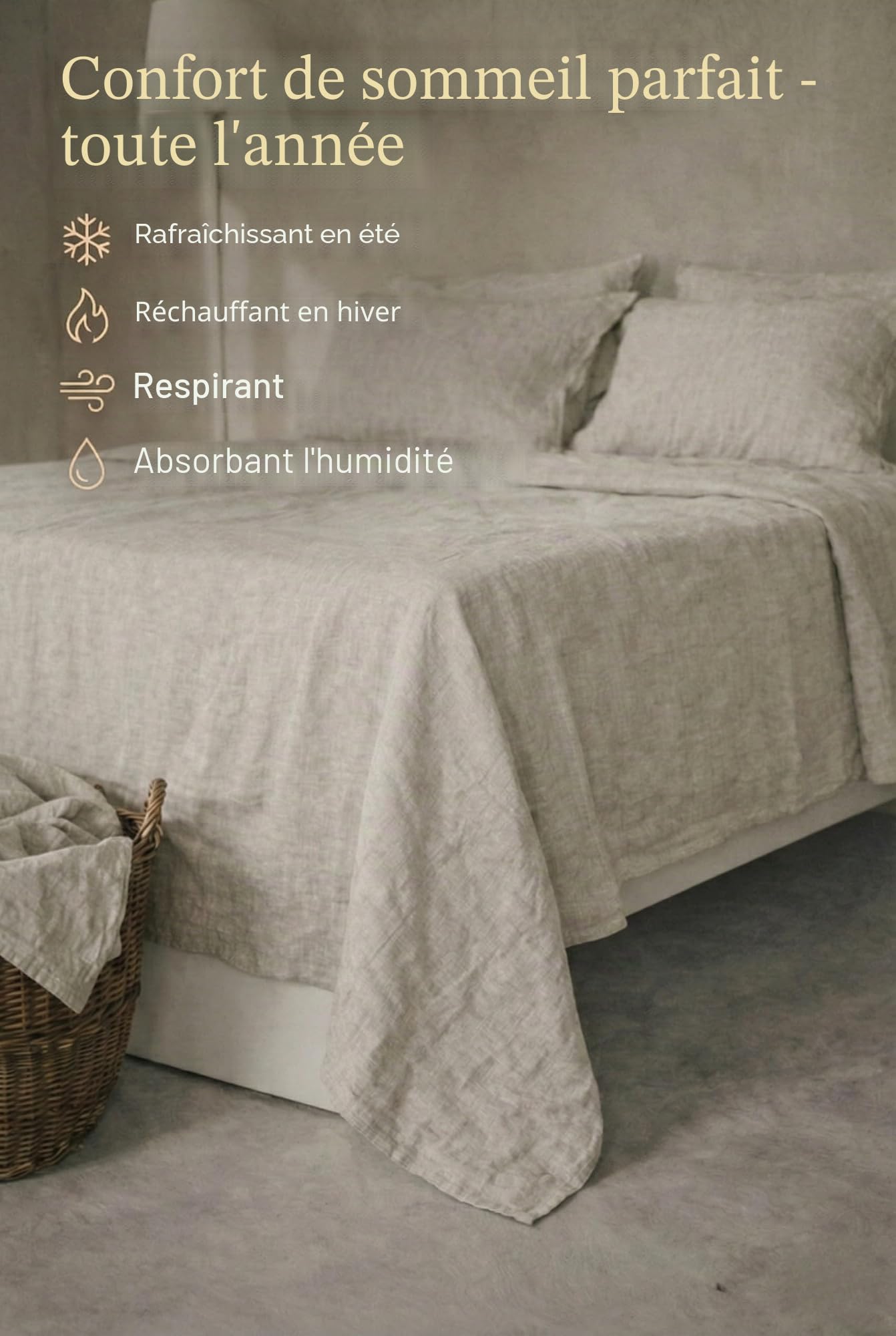 Drap de lit en lin sans élastique – 100% lin délavé à la pierre – Respirant – Sans taies d'oreiller – (Couleur naturelle, 240 x 260 cm)