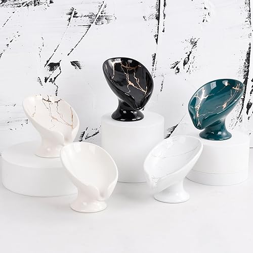 Miniatura 8 de Jabonera de cerámica, 2 unidades, con aspecto de mármol autodrenante, jaboneras en forma de hoja para baño, soporte para jabón de bar, fácil de