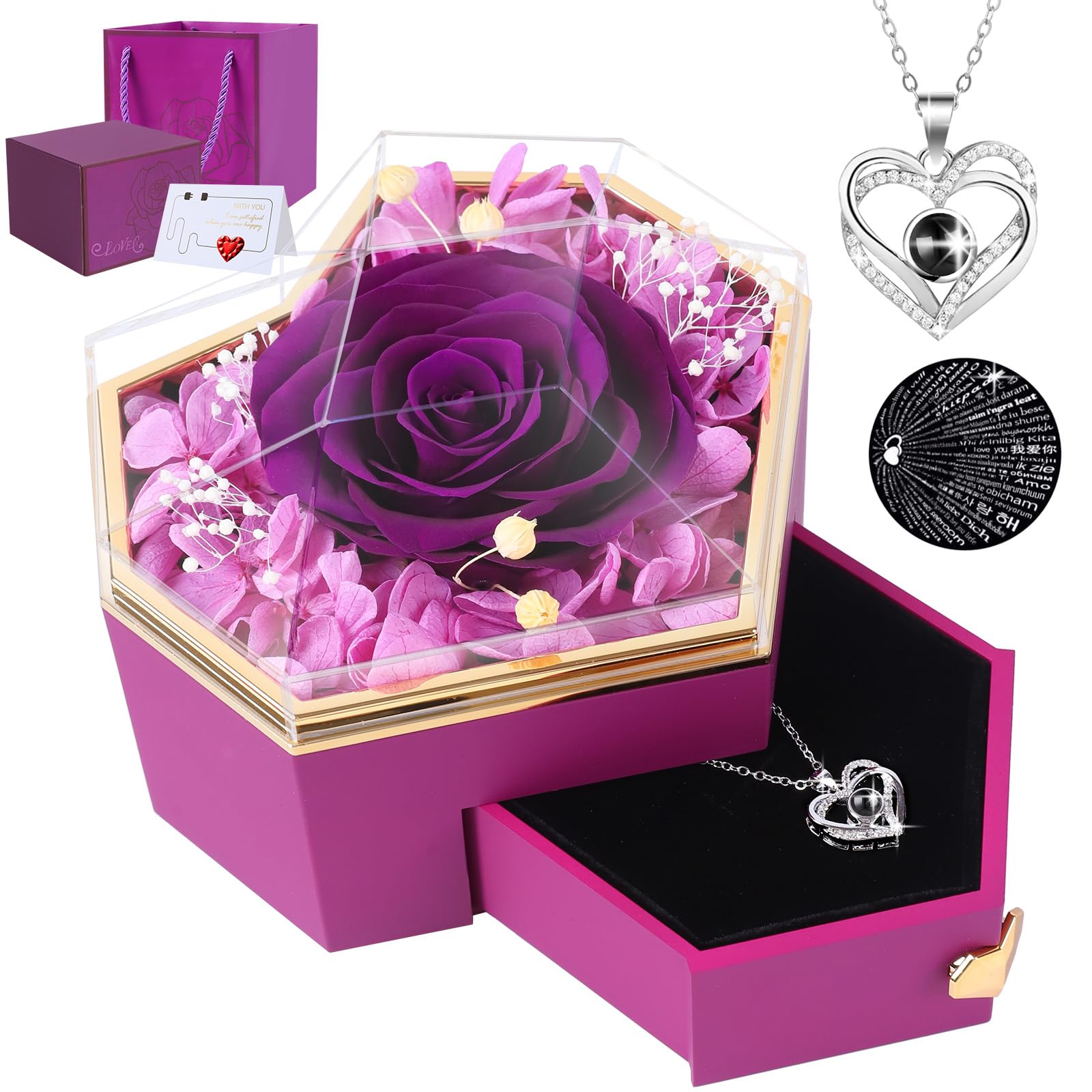 Firestyle Muttertagsgeschenke für Mama Konservierte lila echte Rose mit Ich Liebe Sie Halskette in 100 Sprachen-Ewige Geschenke für Ihre Frauen Frau Freundin auf Weihnachten Valentinstag Geburtstag