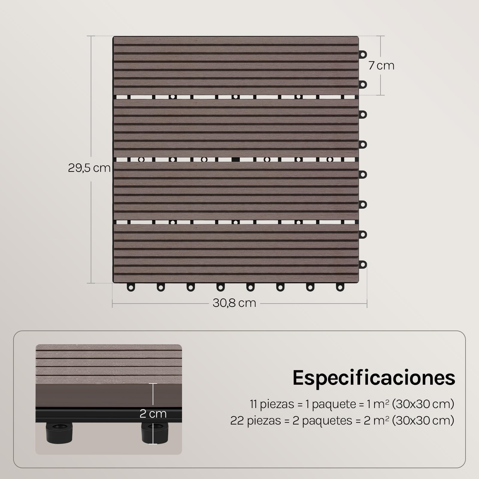 WOLTU Suelo de WPC Set de 22 Baldosas de Madera Exterior para Porche Patios Jardin, 30 x 30 cm Compuesta Azulejos para Terraza Marrón