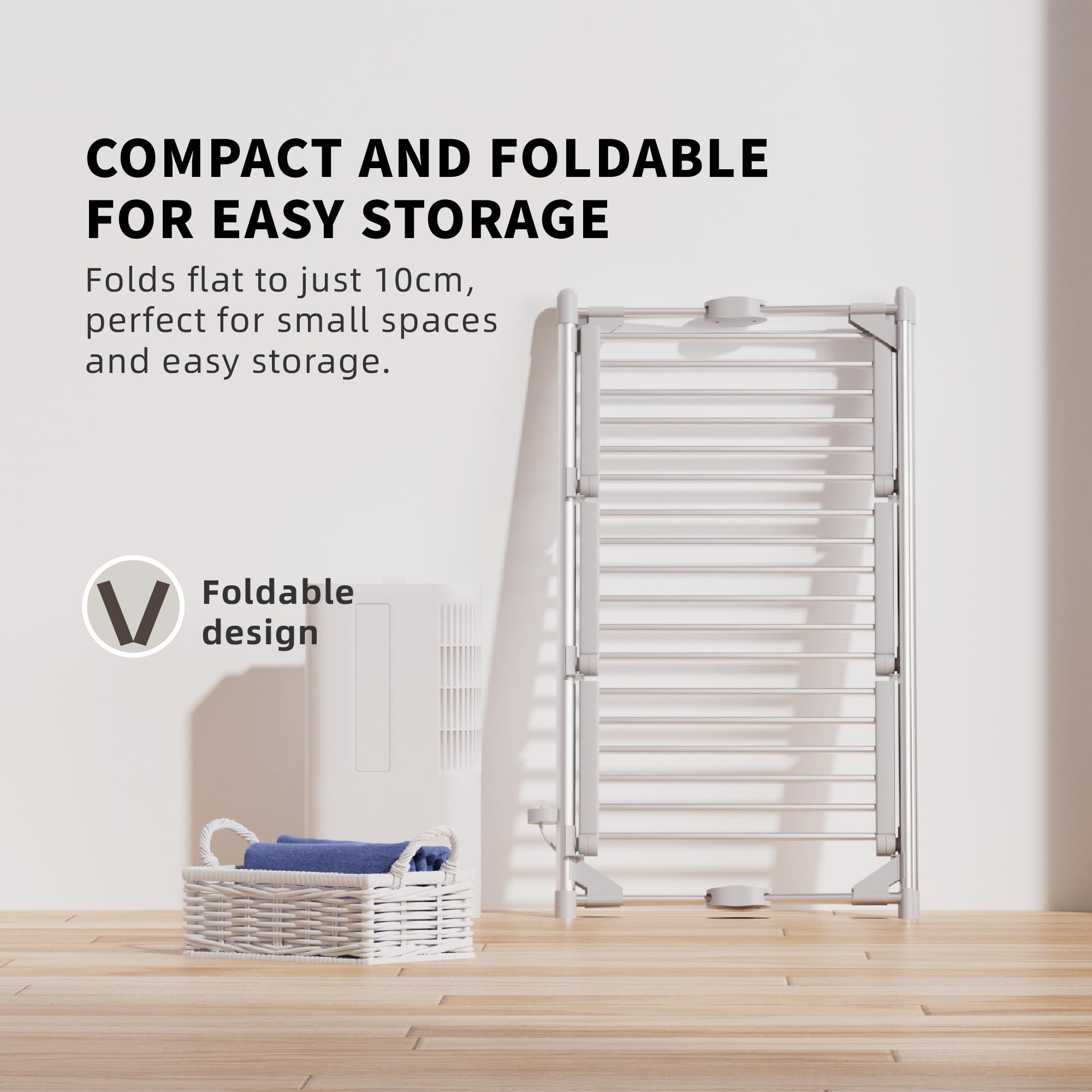 Vivo Technologies Stendibiancheria riscaldato a 3 livelli, stendibiancheria a 36 binari, stendino riscaldato da 150 cm, ripiani riscaldati pieghevoli per interni, lavanderia a secco, 220 W efficiente