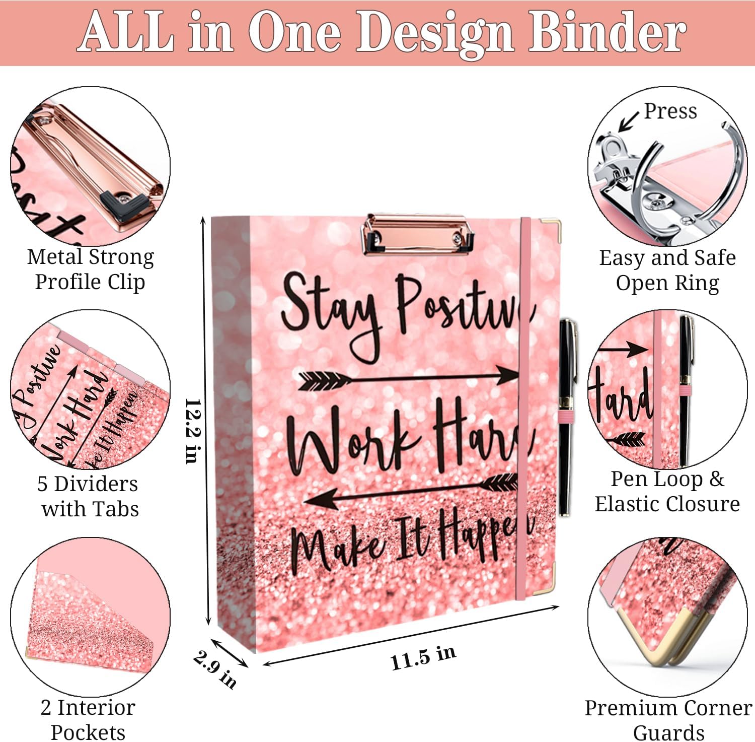 Lateefah 3 Ring Binder, 2 Inch Binder Organizer for Letter Size(8.5'' x 11'') with 5-Tab Dividers and Pockets, File Folders with Low Profile Clipboard for Office, School Supplies