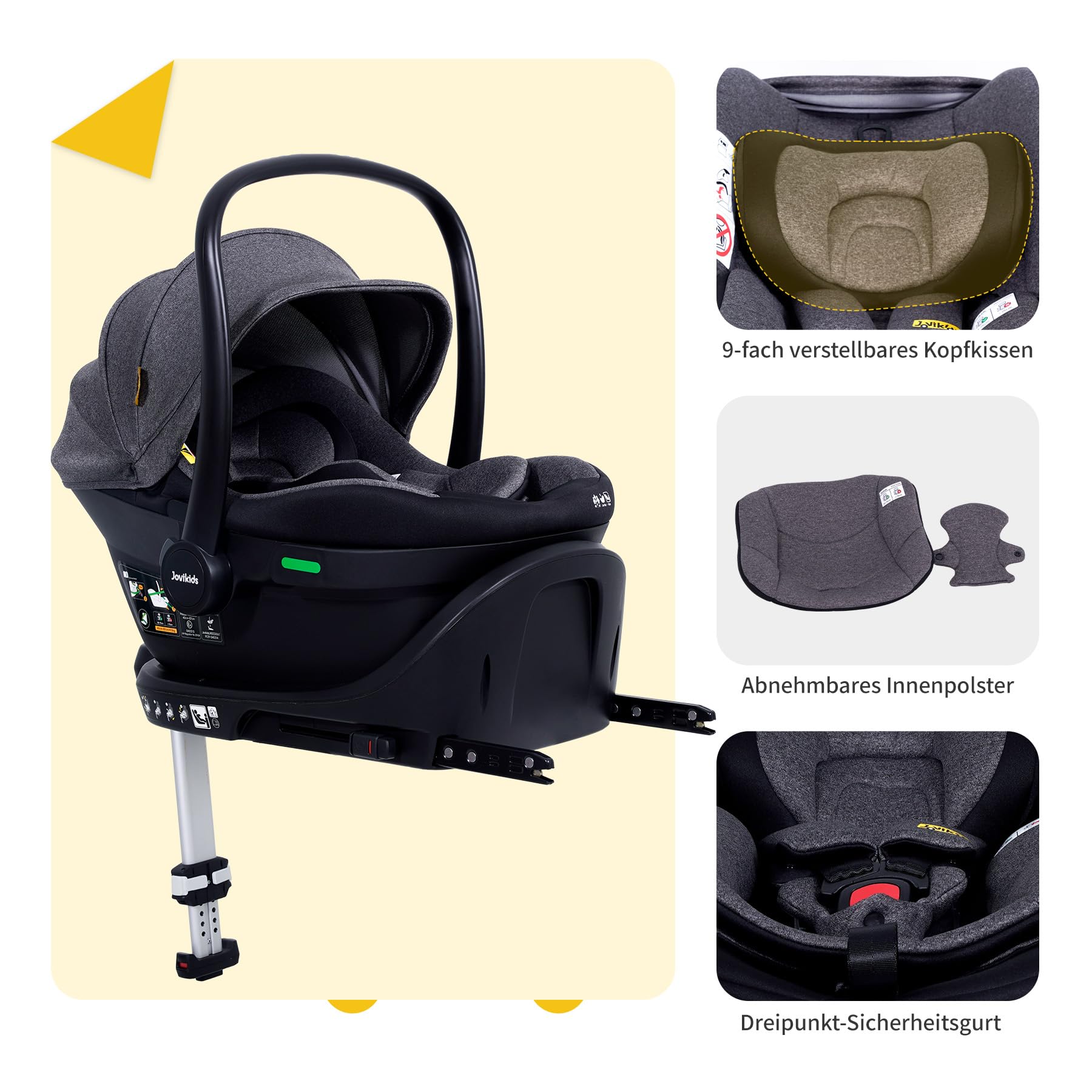 Jovikids Babyschale, Stufenlos verstellbare Liegeposition, Gruppe 0/0+ (40-87 cm) Baby Autositz mit Sonnendach, 3-Punkt-Sicherheitsgurt Seitenschutz