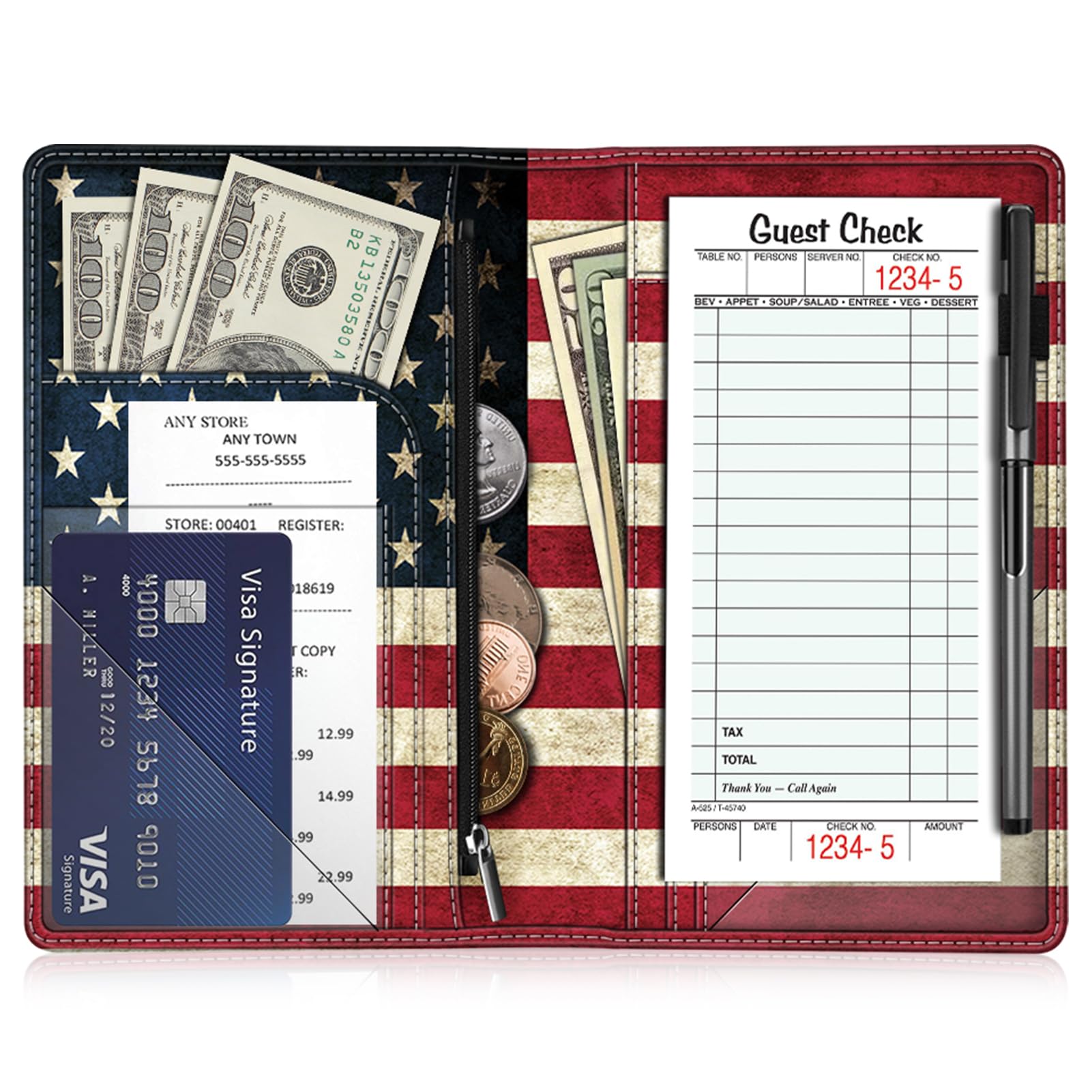Fintie Server Book Organizer with Zipper Pocket, PU Leather Restaurant Guest Check Presenters Card Holder for Waitress, Waiter, Bartender (US Flag) โ image 1