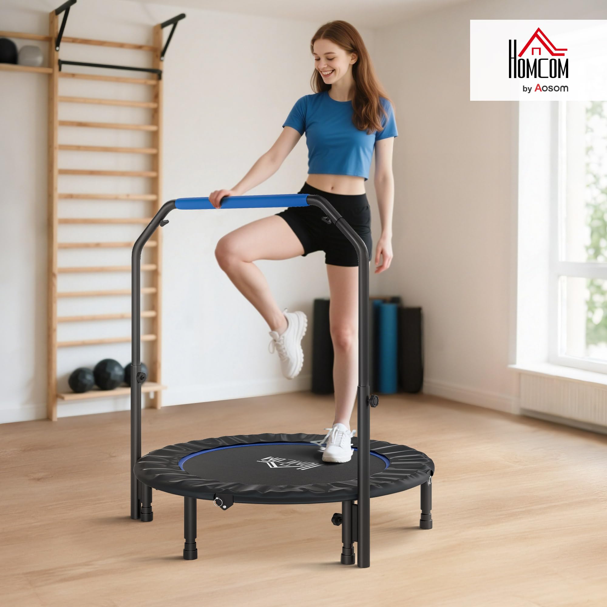 HOMCOM Trampolín de Fitness Adultos Ø102/114/122 cm, Cama Elástica Plegable con Mango Ajustable de 4 Niveles, Marco de Acero, para Entrenamiento Piernas, Cuerpo en Hogar, Oficina, Gimnasio
