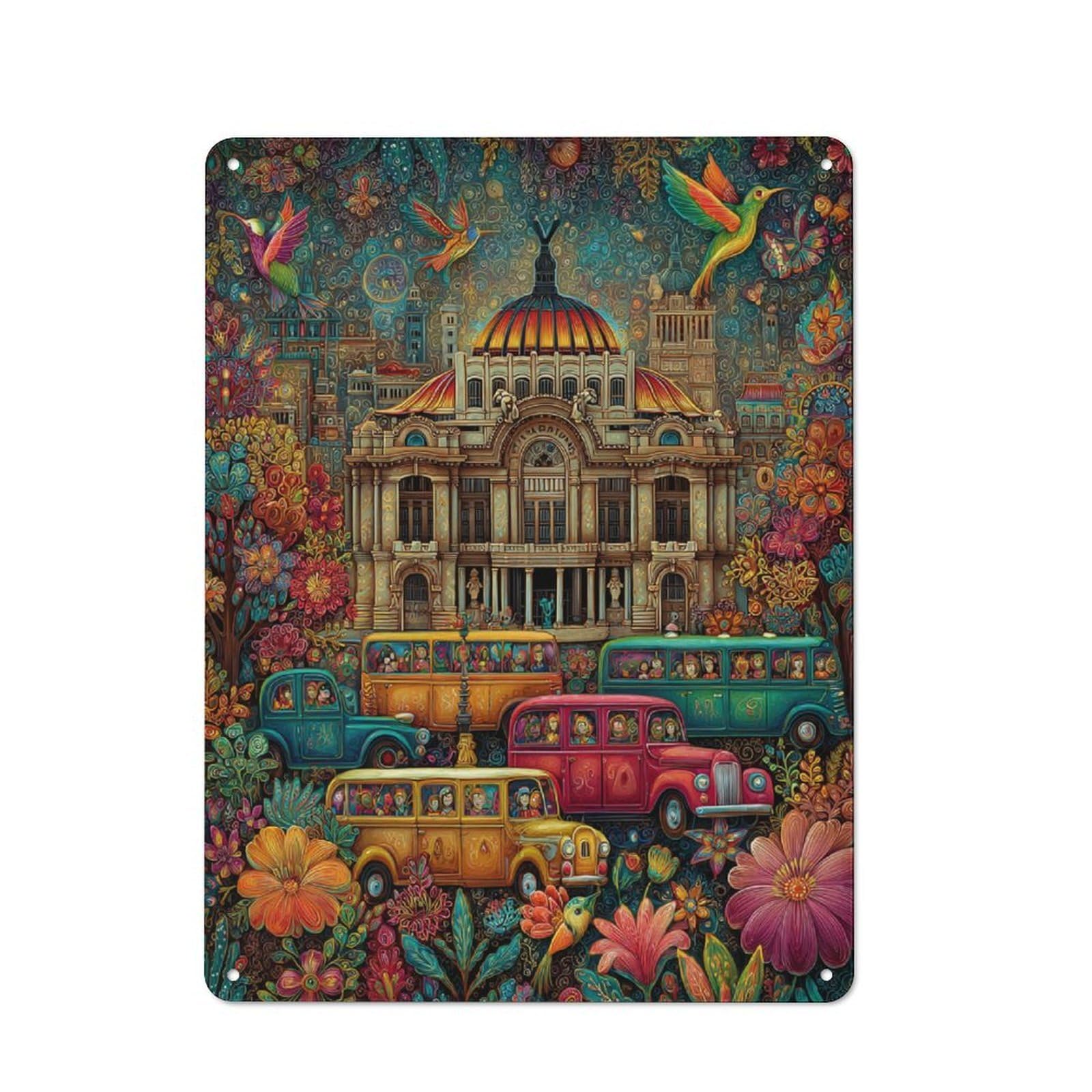 Junmoney Colorful Fantasy Cityscape With Vintage Cars Farmhouse Metal Sign 40X30cm, Barn Style Rustic Kitchen Decor For Cottage, Kitchen, Hallway Or Breakfast Nook