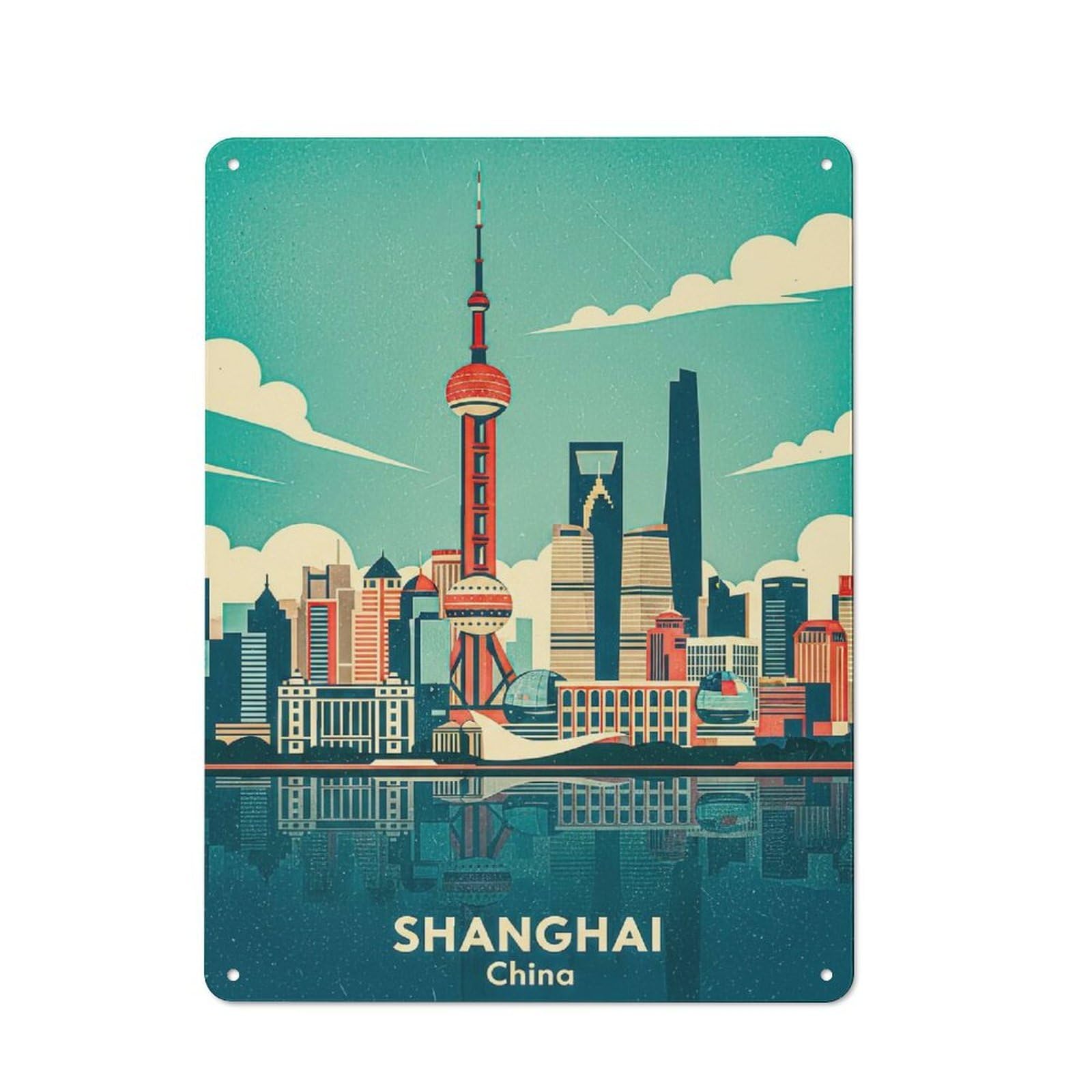 Junmoney Style-20 Shanghai Skyline Vintage Tin Wall Sign 40X30cm, Loft Style Industrial Wall Decor For Loft, Studio, Office Or Creative Room