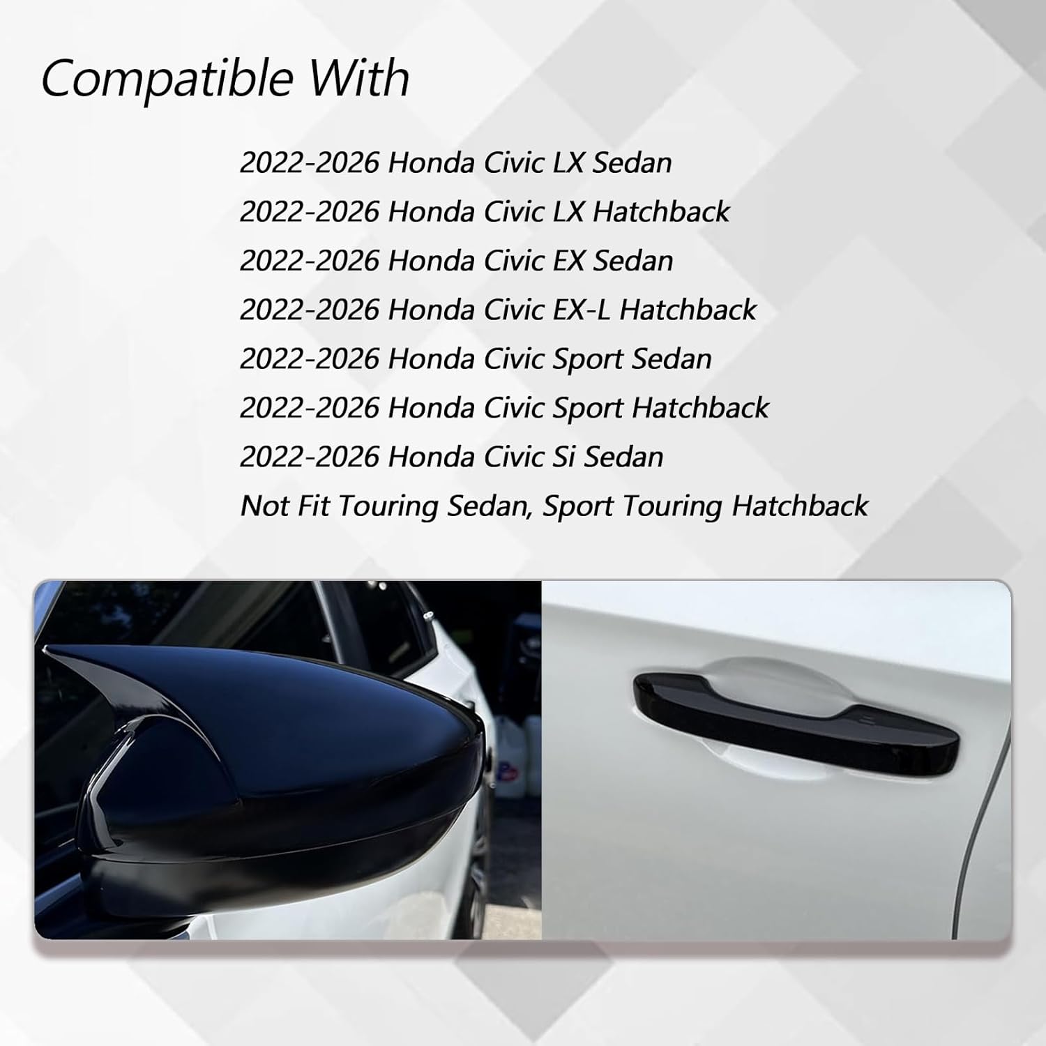 AUCERAMIC 2 Side Door Mirror Cover Caps 4 Door Handle Cover 11th Gen Civic Fit for 2022-2026 11th Gen Honda Civic LX Sport EX Si Sedan, LX EX-L Sport Hatchback (Fit for Without Turn Signal)