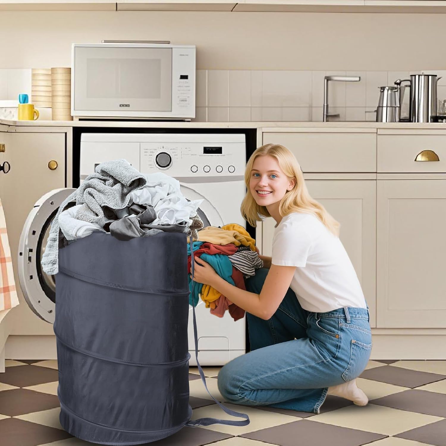 battoo extra large 107l strong laundry hamper 17.5" x 27" collapsible laundry baskets with long straps drawstring barrel foldable hamper for laundry room, bathroom, campout, college dorm or travel 17.5"x27" black