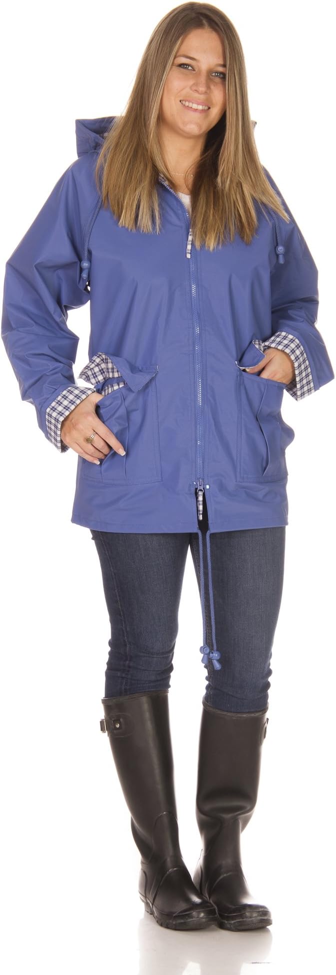 Rain Slicks Women's Classic Look Raincoat Hooded Plaid Lined Waterproof Jacket Small Periwinkle
