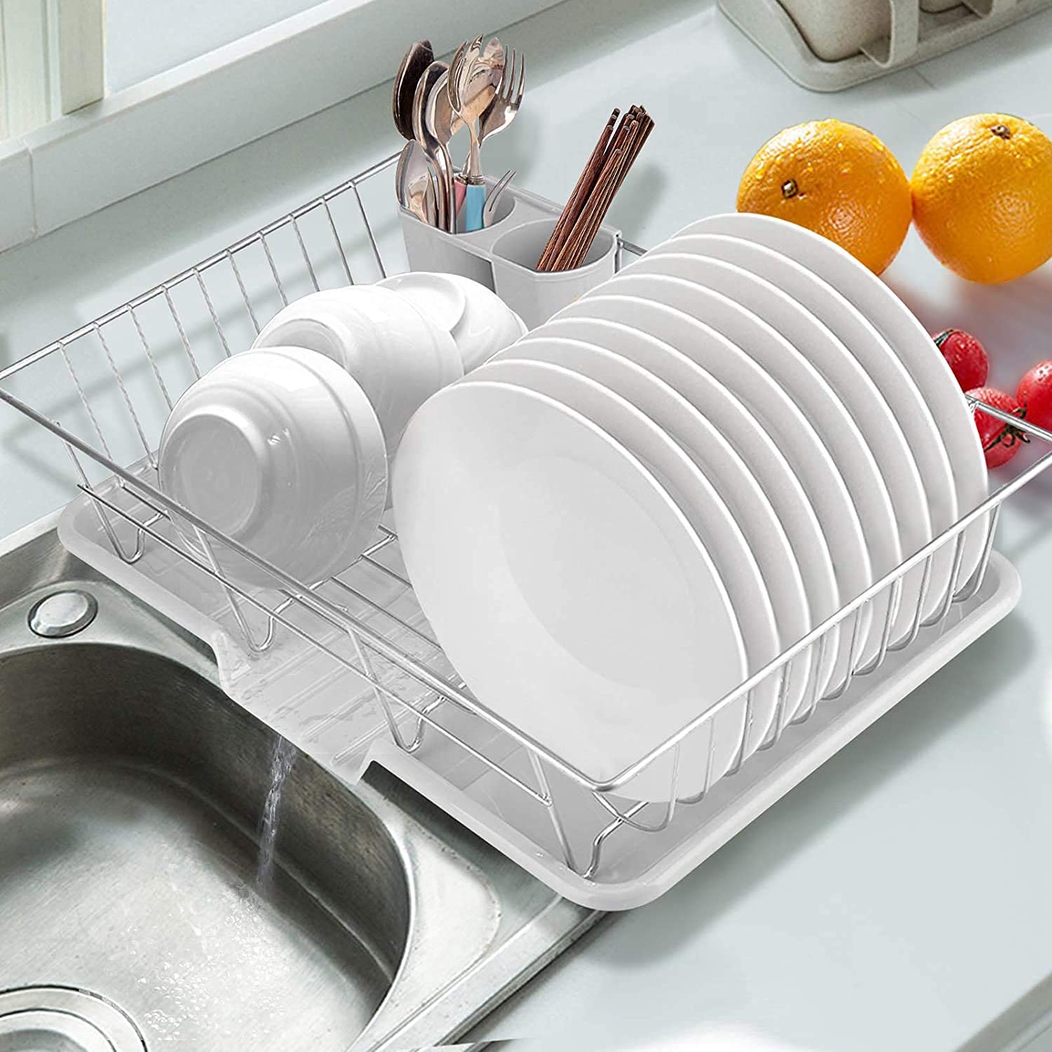 Greensen Escurridor de Platos de Acero Inoxidable, Bandeja de Escurrimiento para Cocina con Cesta para Cubiertos, Multifuncional, Resistente y Fácil de Limpiar 48 x 30 x 11 cm