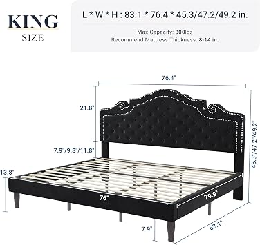 Allewie King Bed Frame with Adjustable Velvet Tiara Headboard, Upholstered Diamond Button Tufted Platform Bed, Wood Slats Support, No Box Spring Needed, Mattress Foundation, Easy Assembly, Black