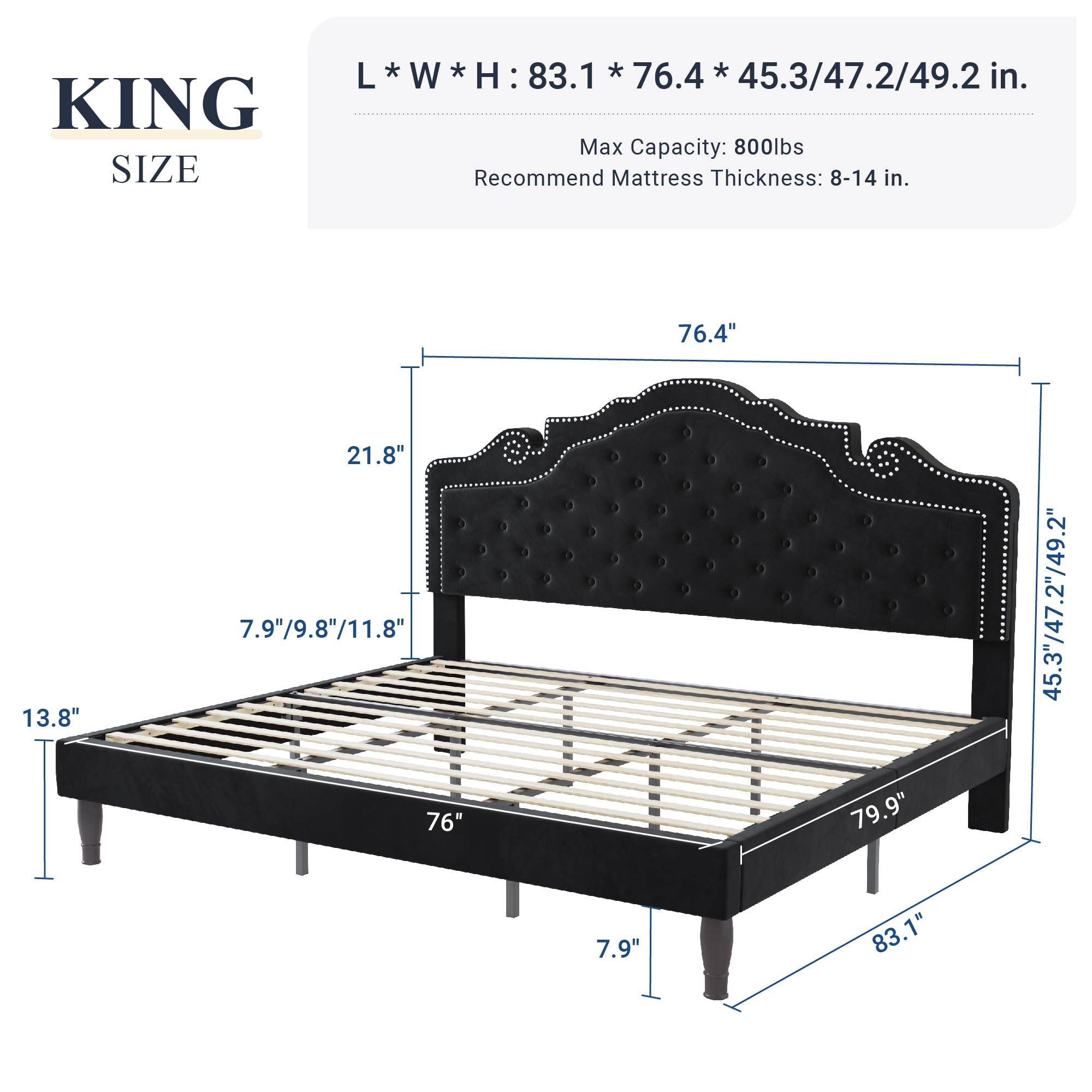 Allewie King Bed Frame with Adjustable Velvet Tiara Headboard, Upholstered Diamond Button Tufted Platform Bed, Wood Slats Support, No Box Spring Needed, Mattress Foundation, Easy Assembly, Black: Black King