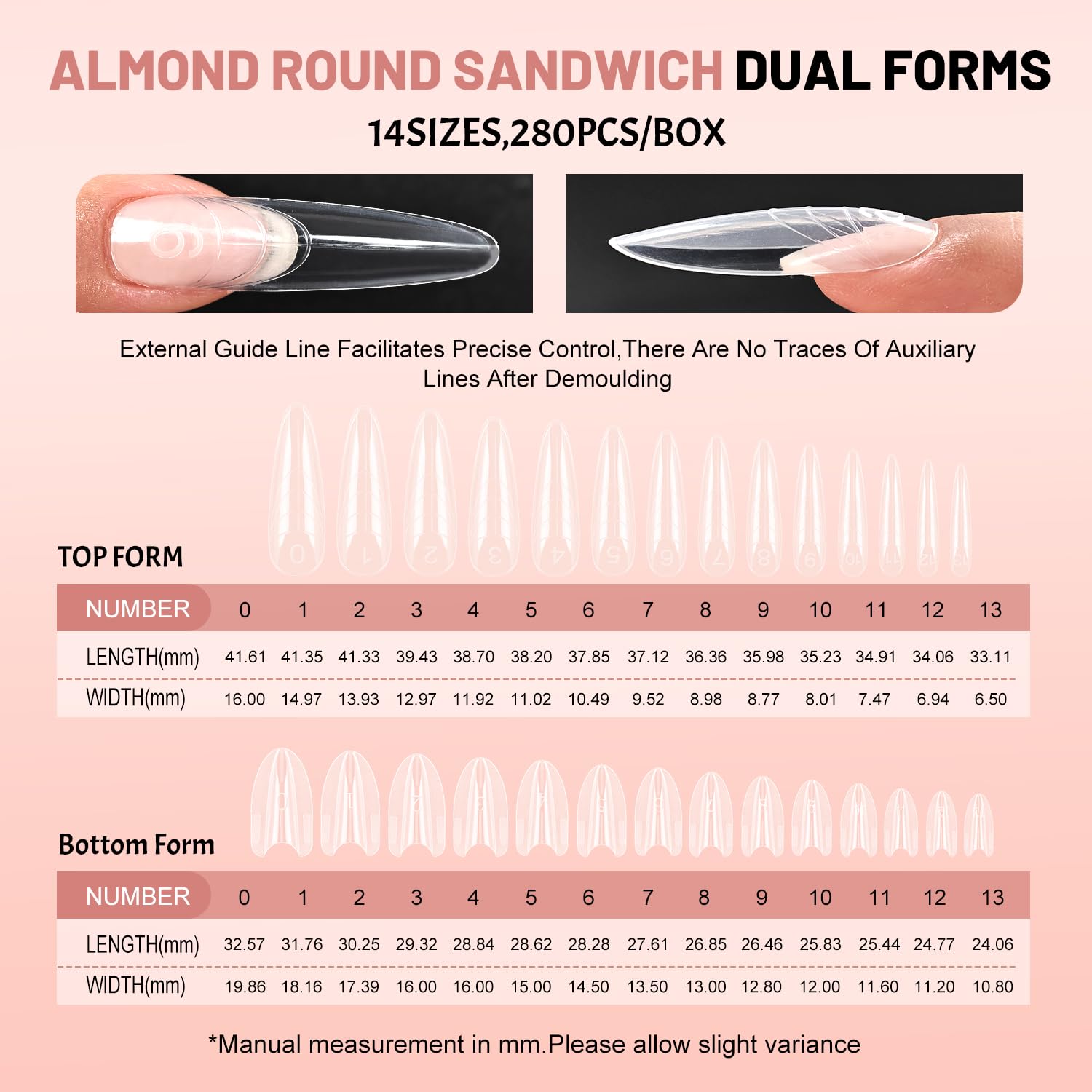 JEWHITENY 280 PCS Sandwich Nails Dual Forms:Almond Round Reusable Nail Forms with Guide Lines,14 Sizes Nail Mold for Nails Extension,Salon & Home DIY Nail Art Tools