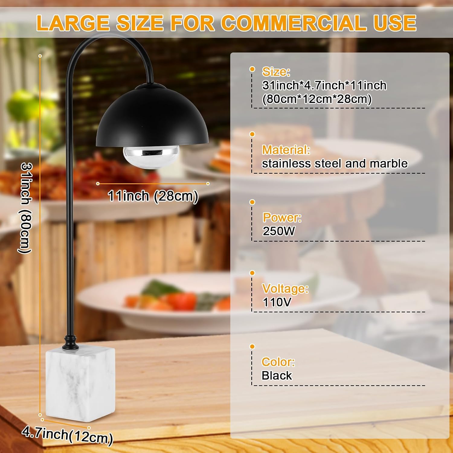 Commercial Food Heat Lamp with Marble Base and Heating Bulb for Food Heating Warmer Light Lamp for Food Service Heat Lamp (Black)