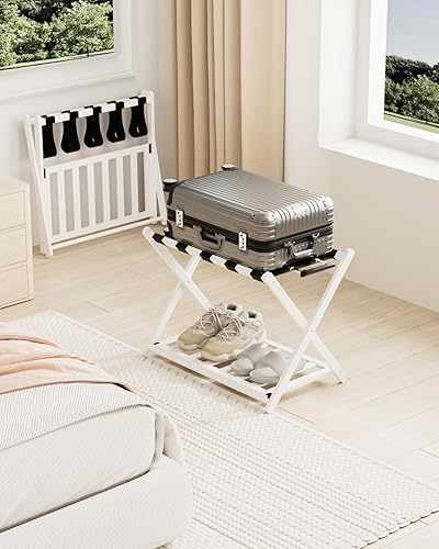 Miniatura 3 de Portaequipajes, juego de 2 portaequipajes plegables para habitación de invitados, soportes de maleta de bambú con correas de nailon, soporte de