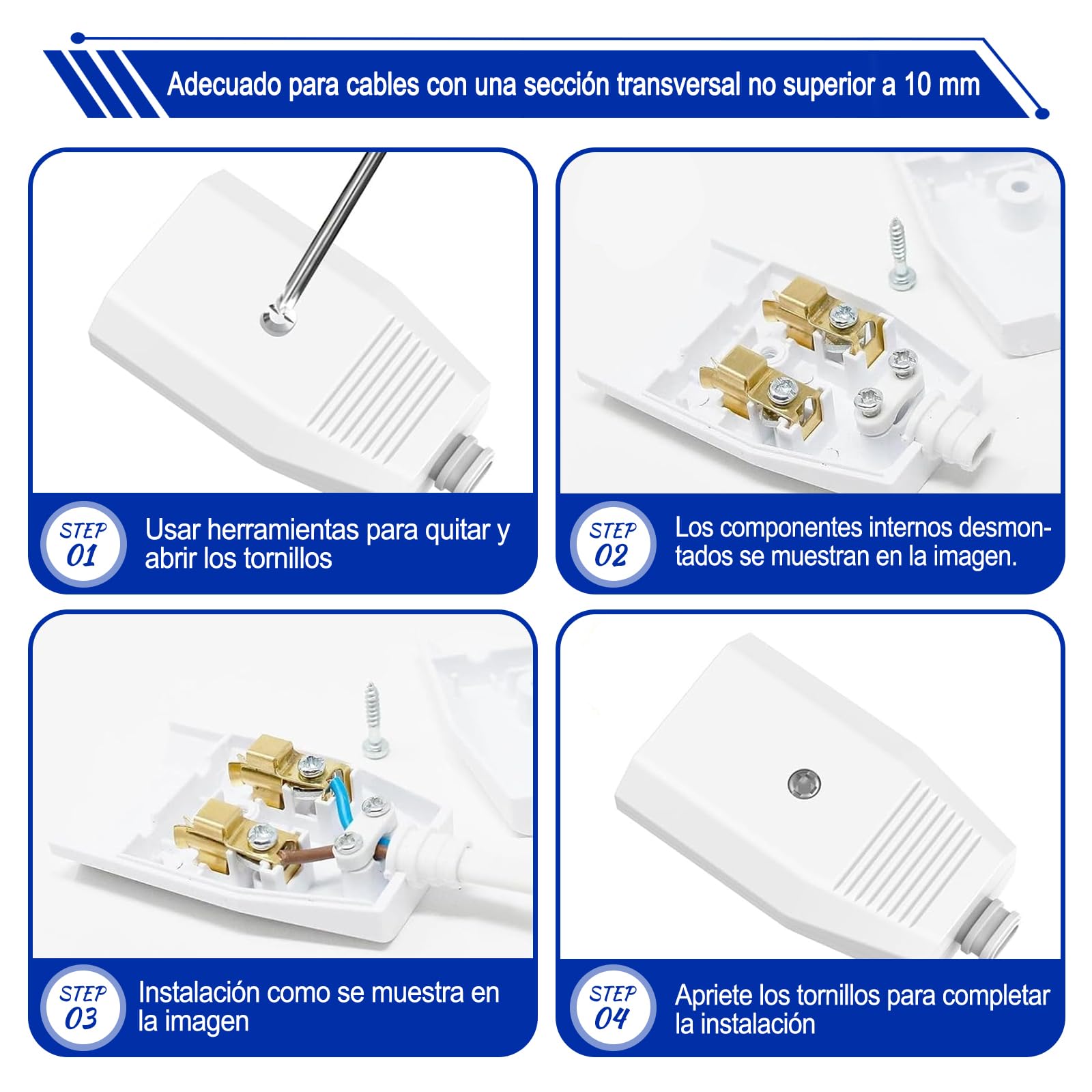 4 conectores europeos, planos, 250 V, IP20, de goma, color para enchufe Schuko, con protección contra torceduras, enchufes planos Schuko, enchufe plano de protección de contacto (4, blanco)