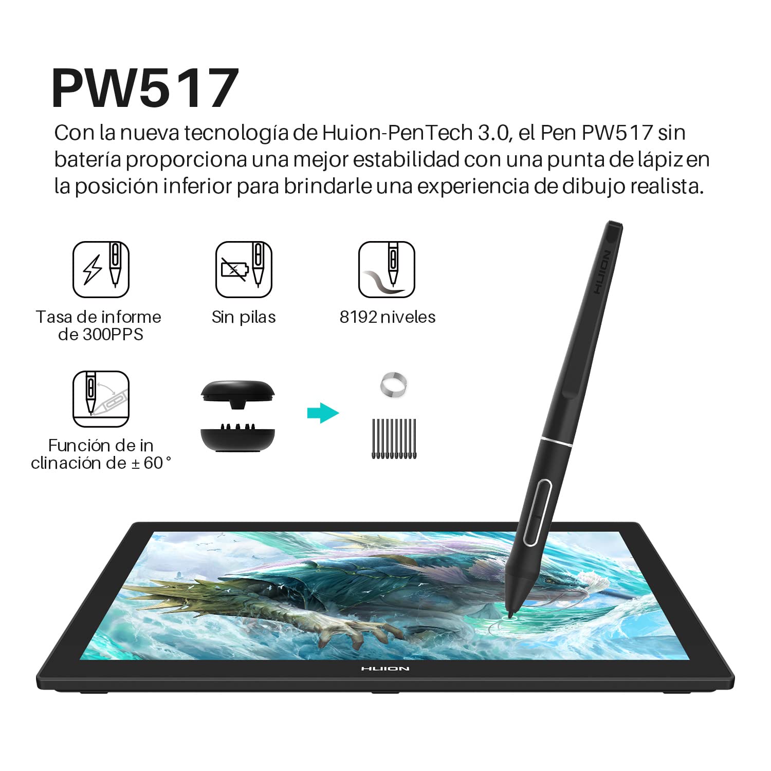 HUION Kamvas Pro 24 4K Tableta Gráfica con Pantalla, Monitor HUION 4K UHD de 23,8 Pulgadas con Mini KeyDial Inalámbrico K20, Lápiz PW517, 140% sRGB, Ideal para Educación en Línea y Conferencias Web