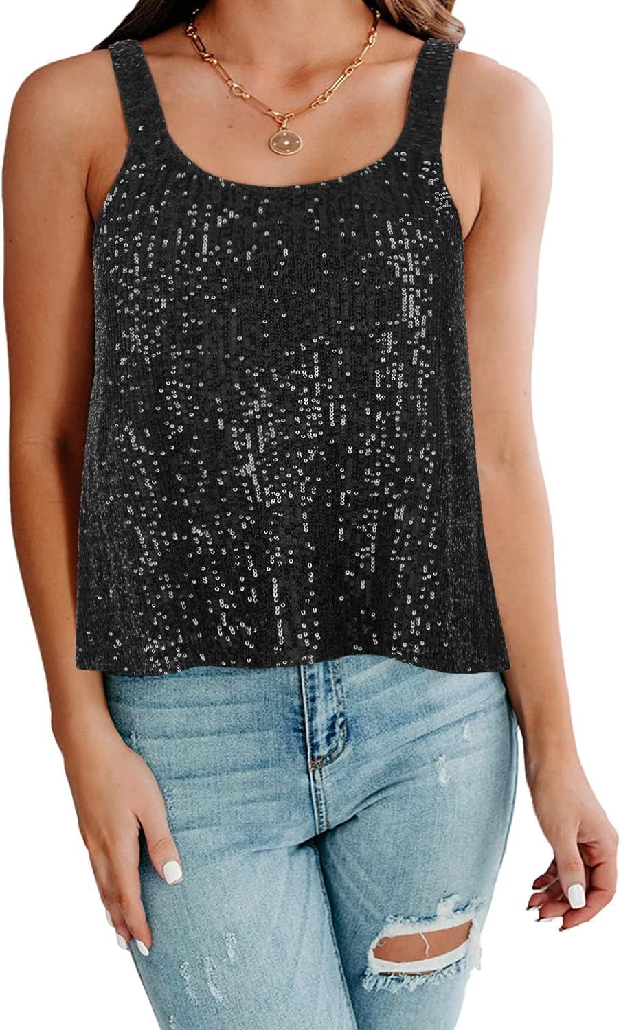 PrettyGuide Women's All Sequin Tank Tops Loose Flowy Sparkly Camisole Vest Club Party Shirt Top