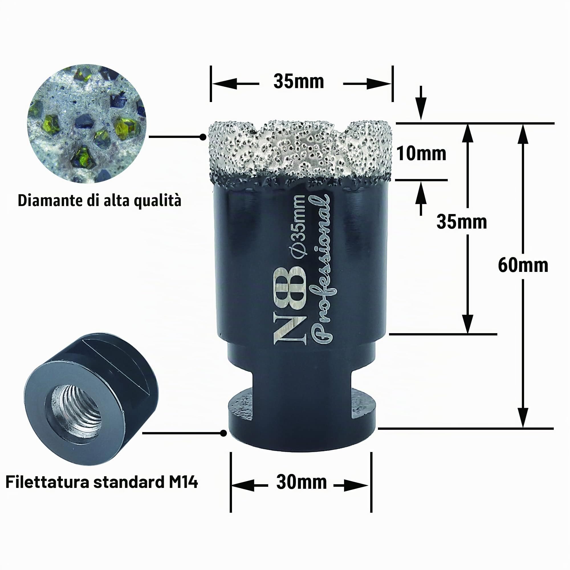 NBB Sega a tazza diamantata brasata sottovuoto con M14, per la perforazione professionale a secco o bagnato su porcellana dura, ceramica, piastrelle, granito (35mm)