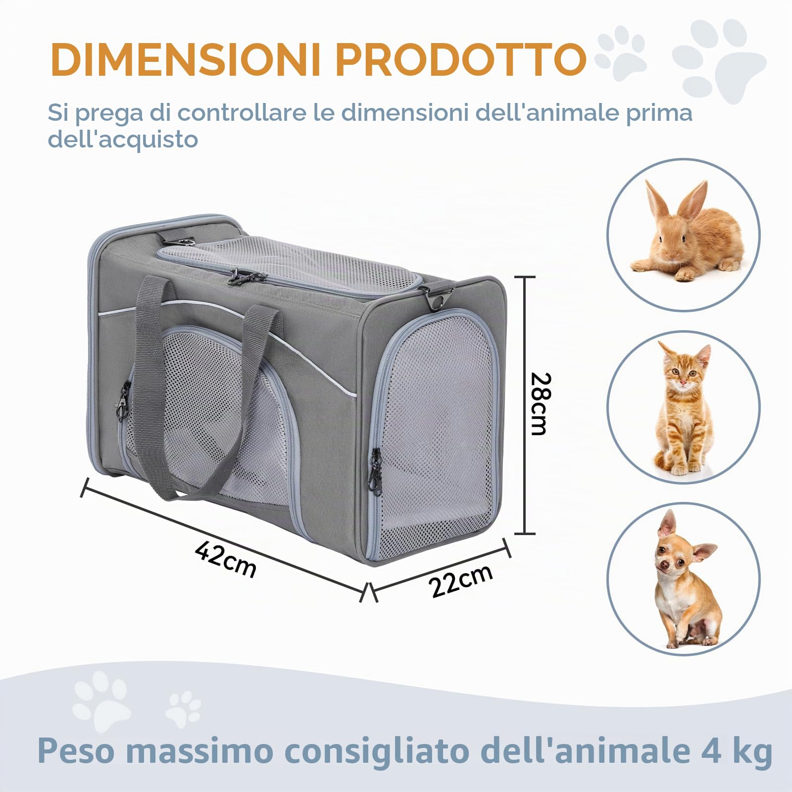 Petsfit Trasportino per Gatti e Cani Traspirante Leggero Trasportino per Cani con 2 Cuscini Lavabile Borsa da Viaggio per Aereo Auto - S/Grigio