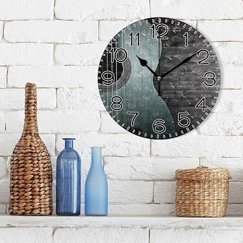 Miniatura 3 de Reloj de pared de madera gris con guitarra acústica azul, funciona con pilas, sin tictac, cuarzo silencioso, analógico, rústico, rústico, reloj