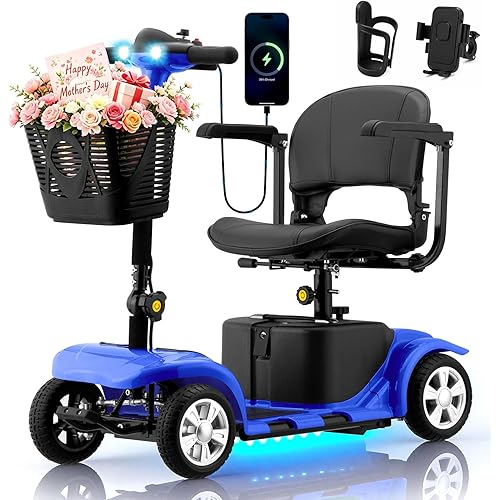 Mobility Scooter for Adults, 4 Wheels Lightweight Scooter, Foldable Mobility Scooter Long Range for Travel, Adults, Elderly, Supports 300 lbs, Powered Wheelchair with Charger & Basket (Blue)