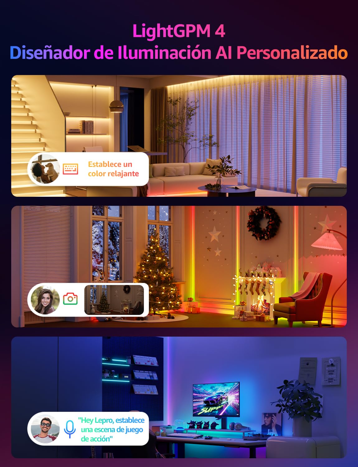 Lepro S1 AI Tira LED 5M, Luces LED MagicColor, Fonciona con Alexa y Google Assistant, Sincronización de Música, Diseñador de Iluminación AI Personalizado, Luz WiFi para Dormitorio, Fiesta, Gaming