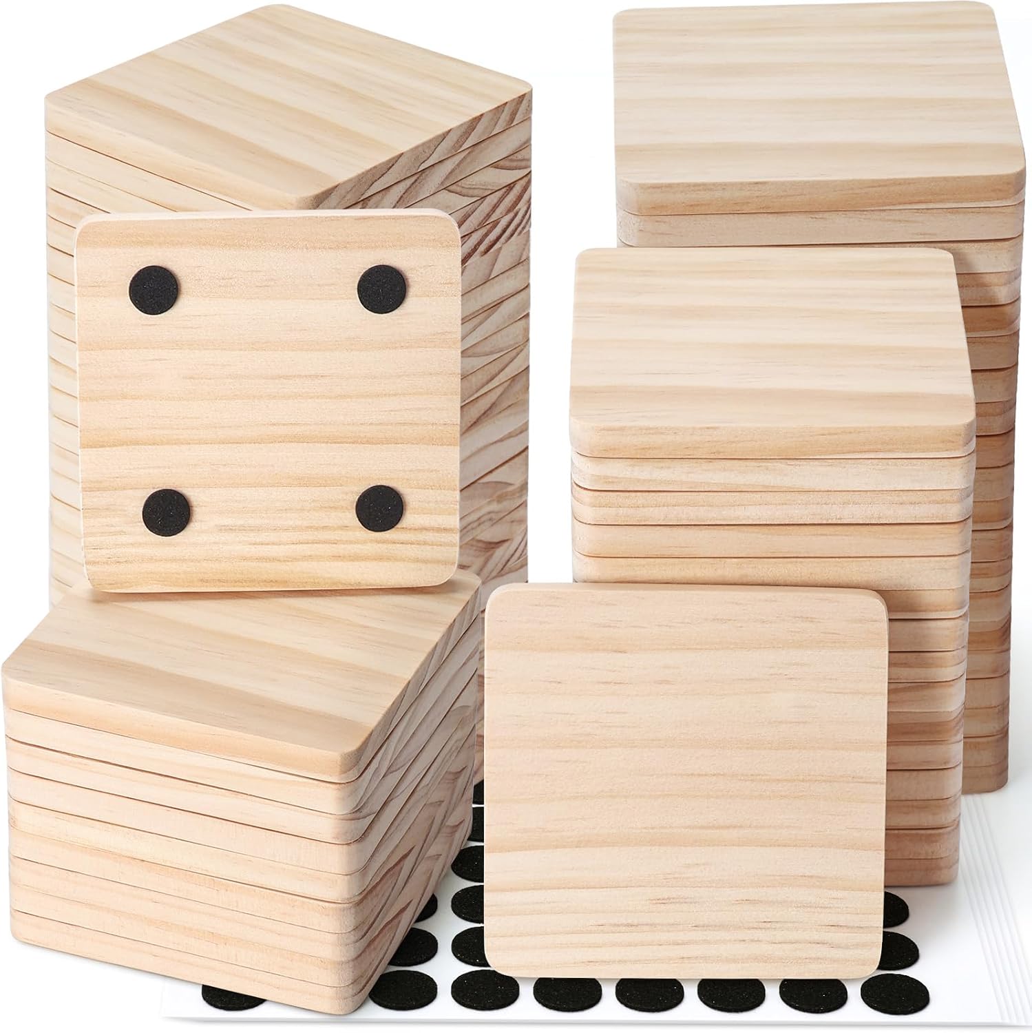 72 Pieces Unfinished Wood Coasters, GOH DODD 4 Inch Wooden Slices Blanks Bulk Set with Soft Foot Pads for Drinks Crafts Laser Engraving Wood Burning Staining Drawing Painting Decoupage Wedding, Square