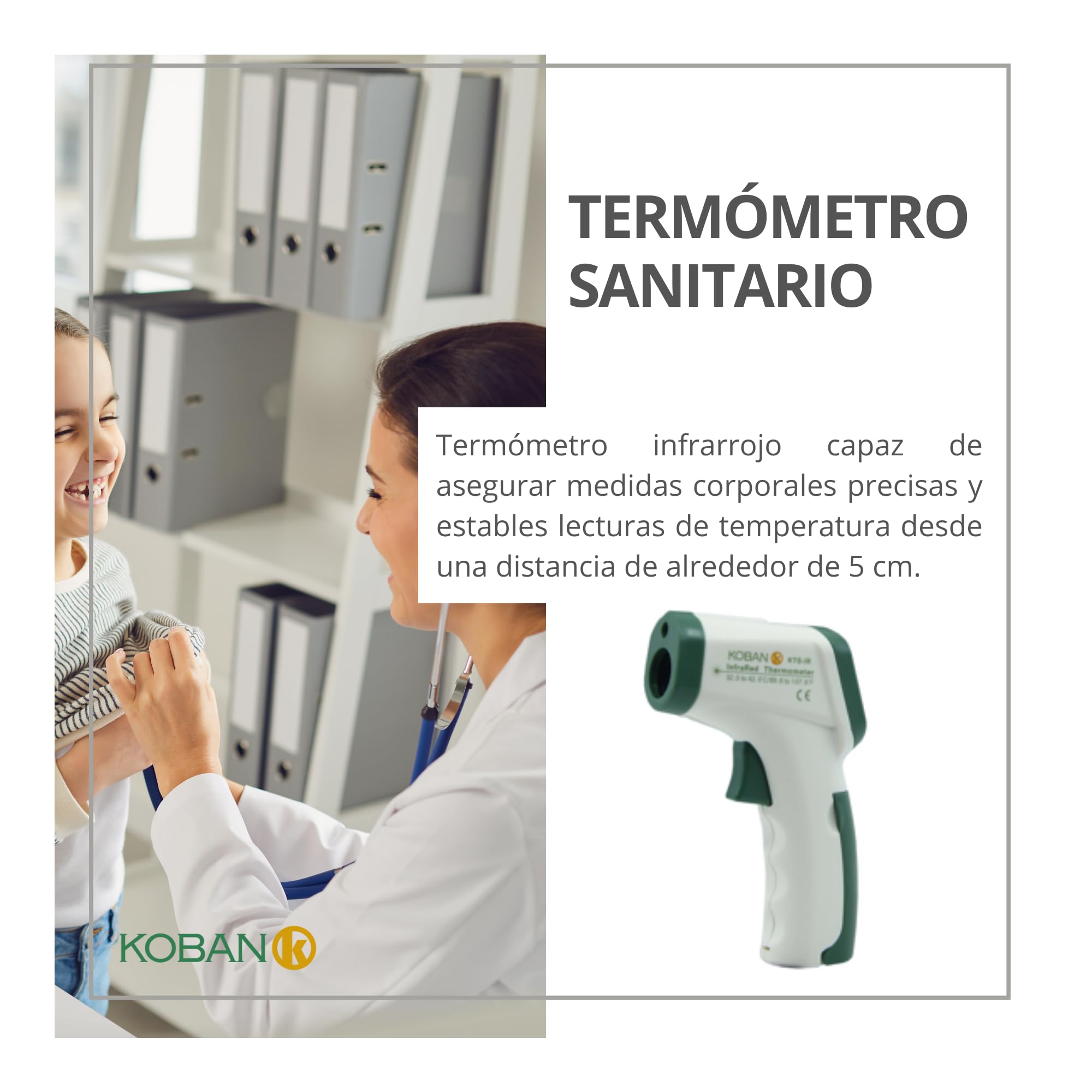 KOBAN KTS-IR Termómetro Digital de Frente para Bebes y Adultos. Termómetro por Infrarrojos sin Contacto con Pantalla Retroiluminada y Alarma de Fiebre. Pistola para Medir la Temperatura Corporal.