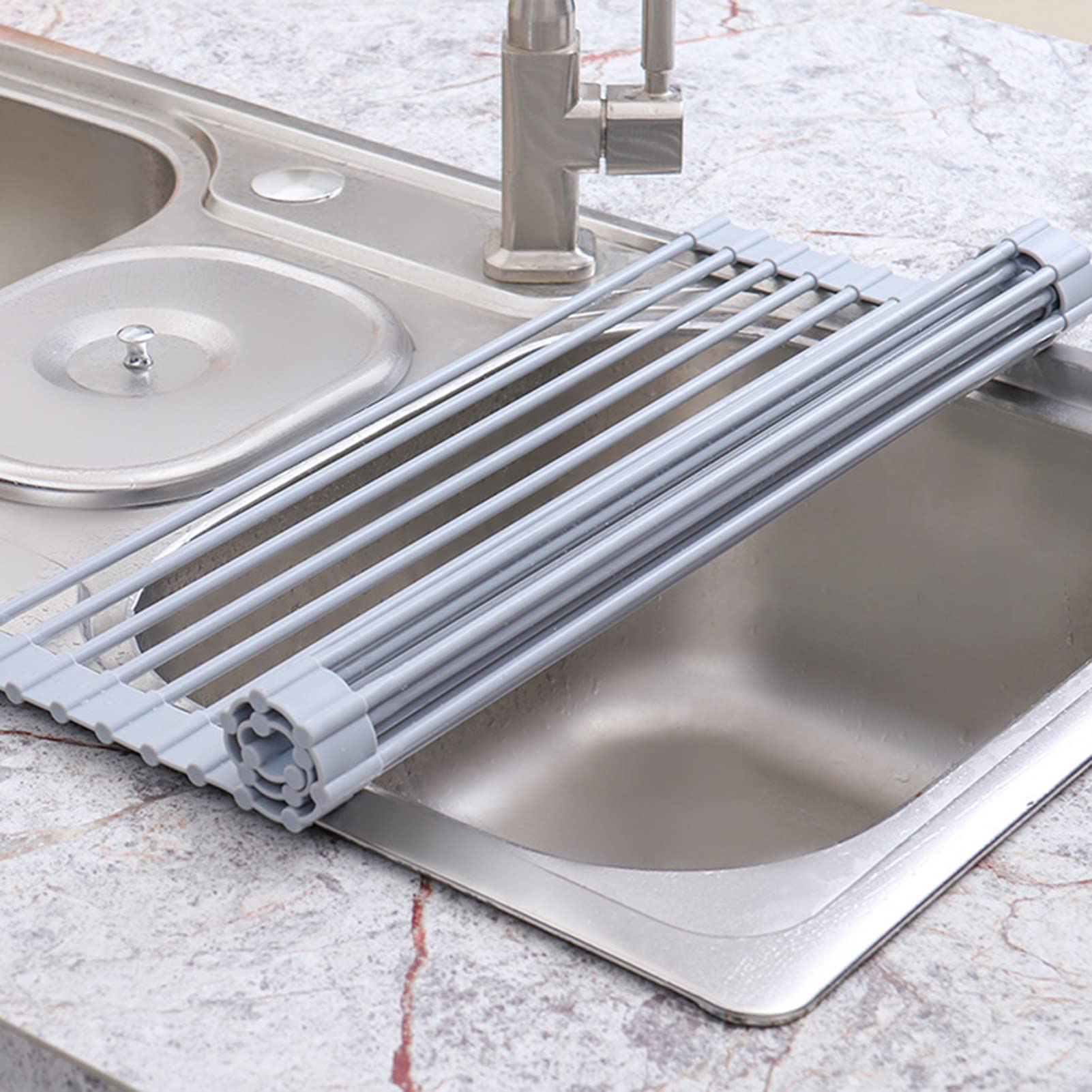 Escurridor plegable de silicona y acero inoxidable para fregadero de cocina ajustable (33 52 x 24 24,5 cm)