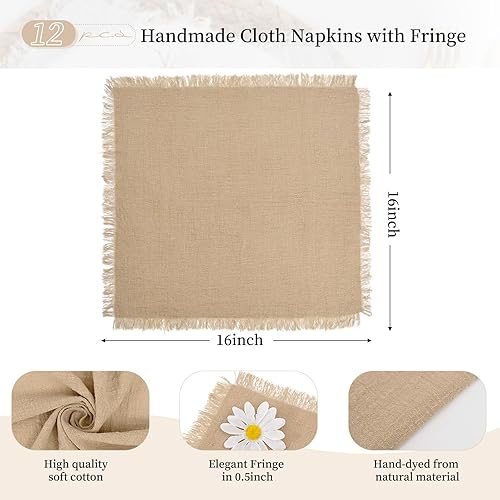 Miniatura 9 de Paquete de 36 servilletas de tela rosa de algodón y lino de 16 x 16 pulgadas, hechas a mano con flecos, servilletas suaves, lavables, rústicas, para