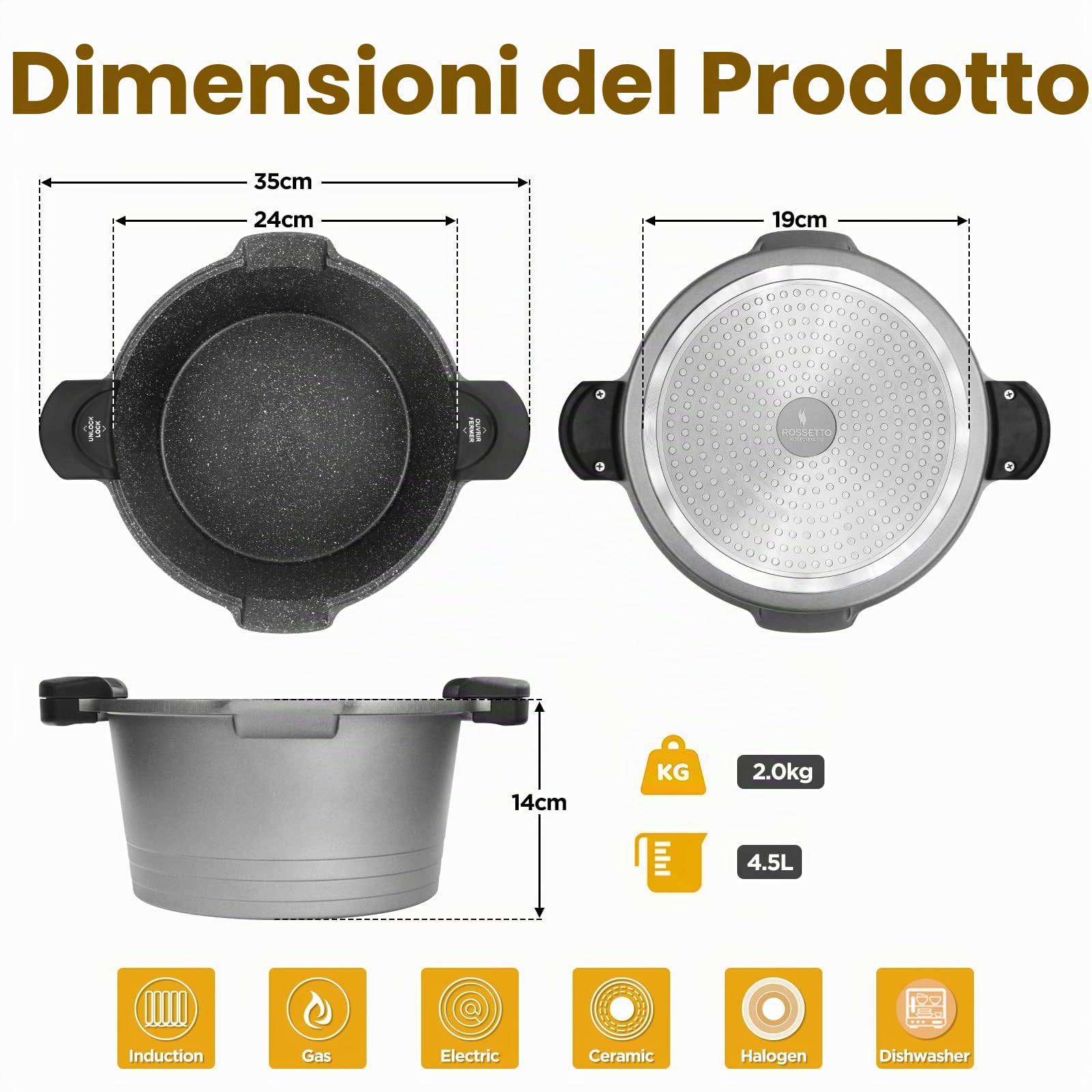 ROSSETTO Pentola Scolapasta a Induzione Antiaderente per Pasta con Coperchio, Alluminio, 24cm, 4,5Litri