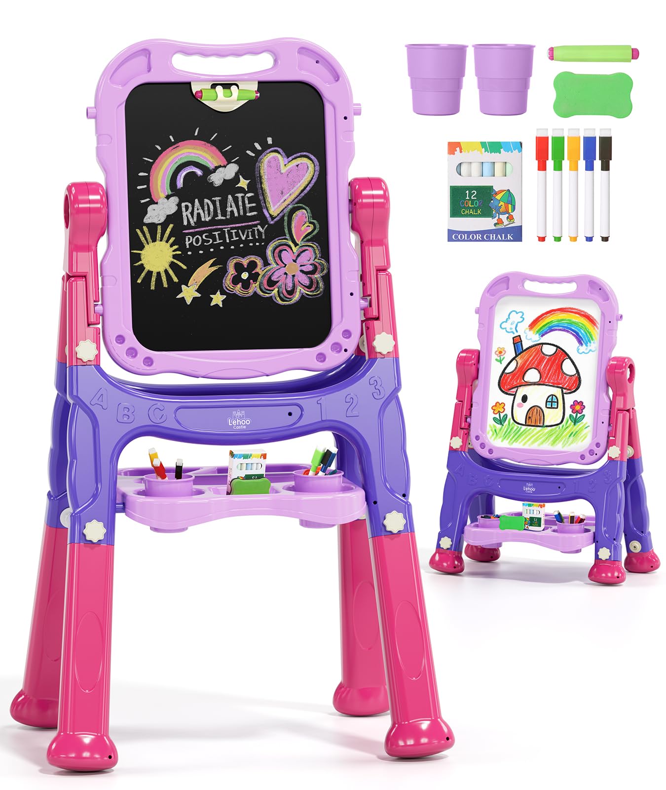 Lehoo Castle Staffelei Kinder, Spielzeug für ab 3 Jahre Mädchen(Lila) | Kindertafel mit Kreidetafel & Whiteboard, Höhenverstellbar, Painting Board Lernspielzeug für 2 3 4 5 6 Jahre Baby Kinder